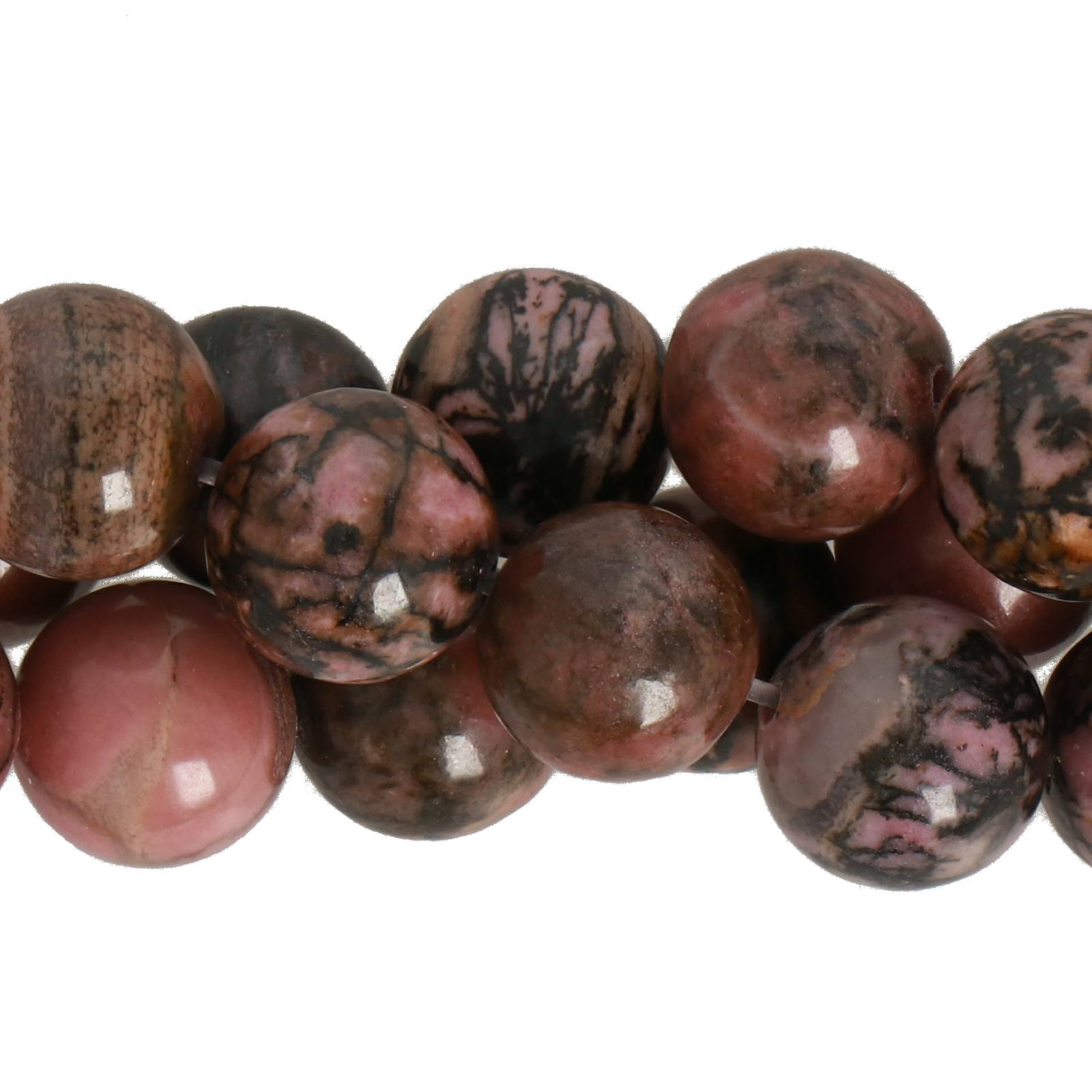 black lace rhodonite smooth round 10mm | 16-inch strand