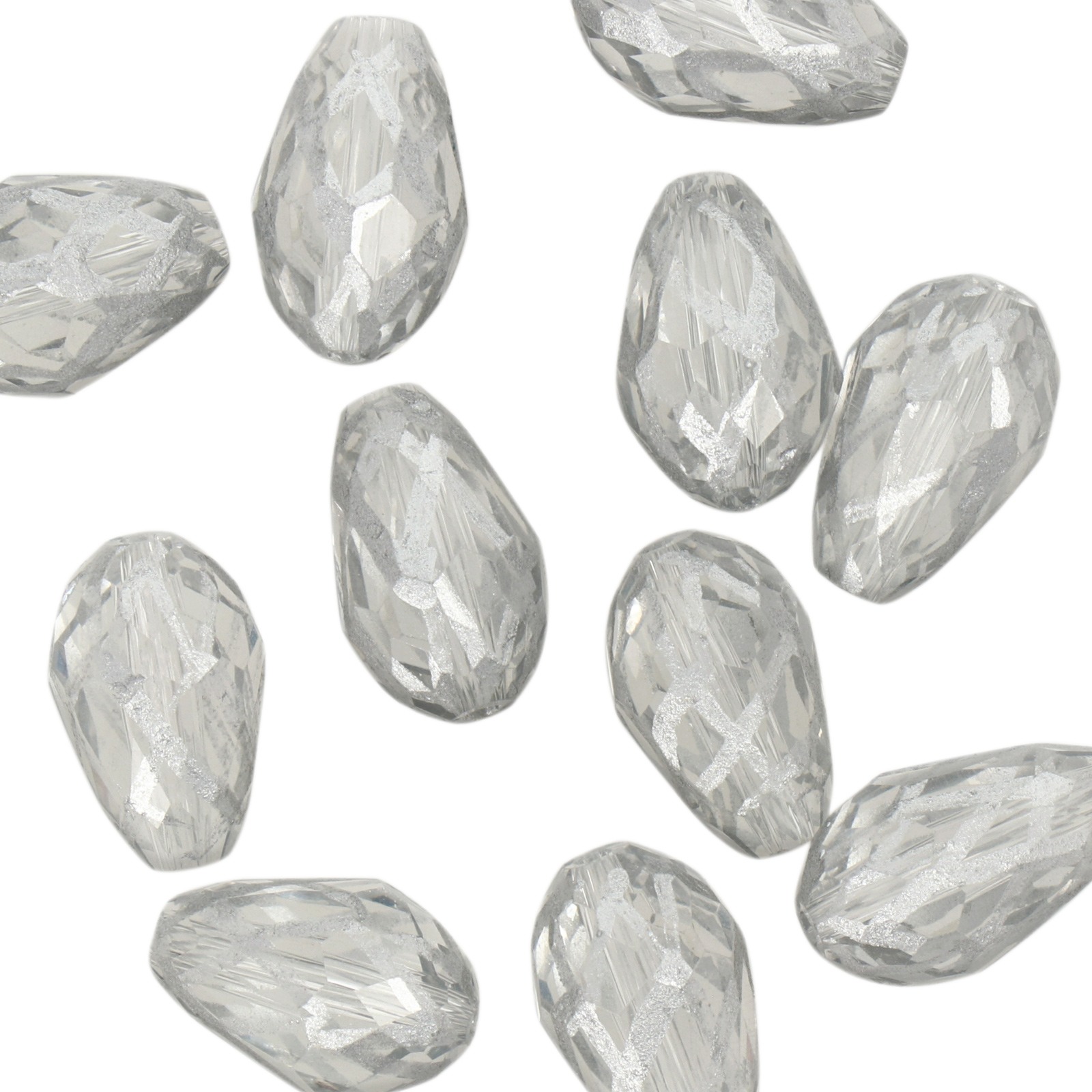 hand painted glass bead faceted briolette silver 15x10mm | 8pc
