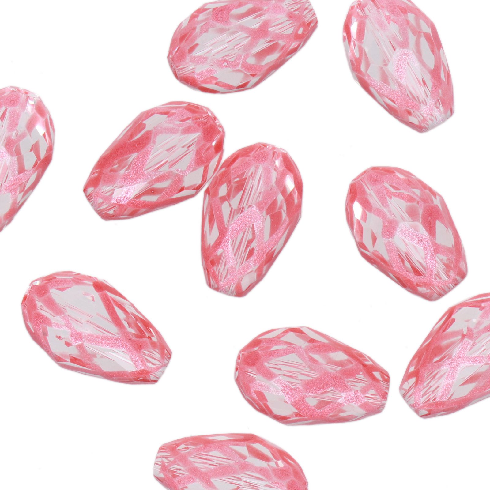 hand painted glass bead faceted briolette coral 15x10mm | 8pc