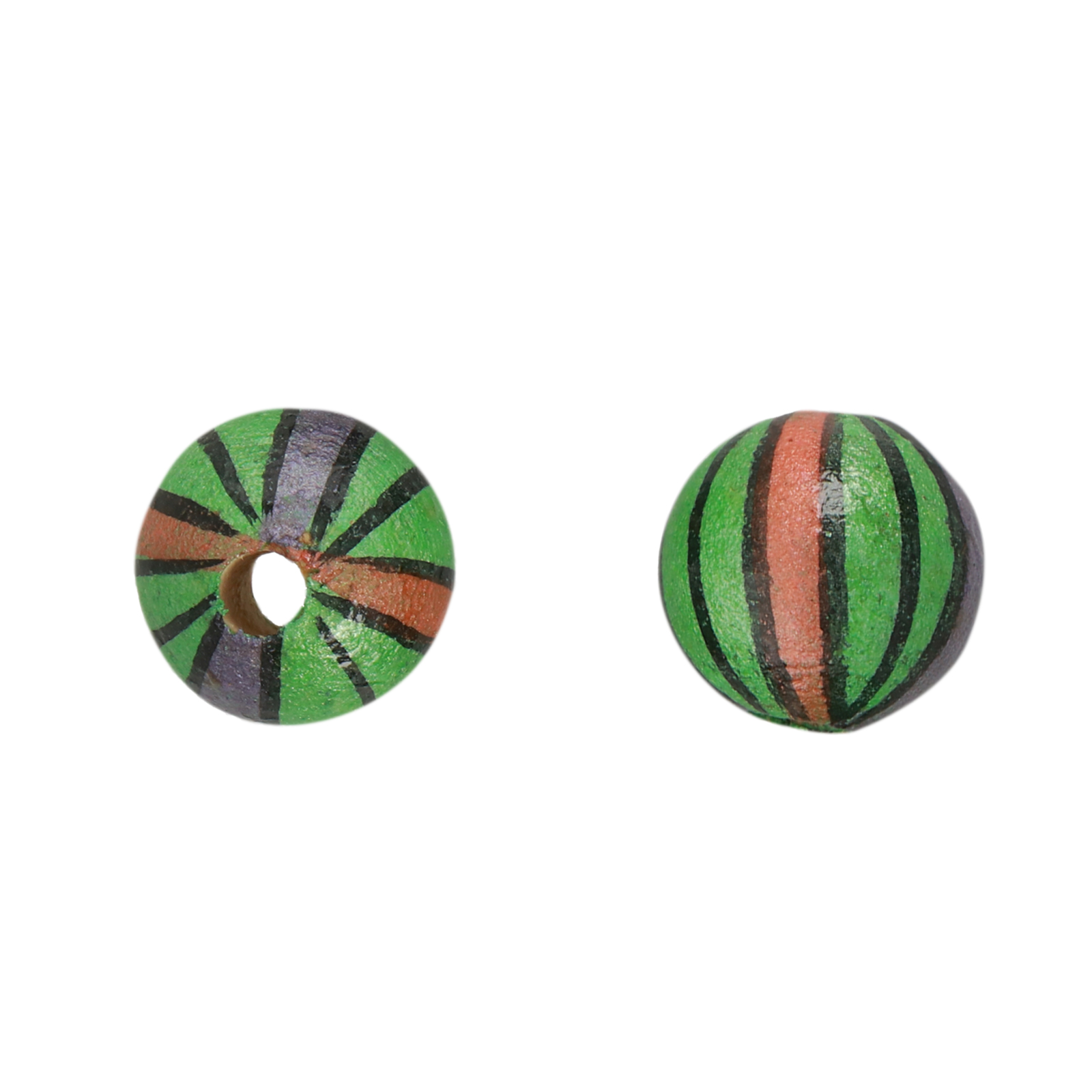 hand-painted wooden beads lines green - round 12mm | 10pcs