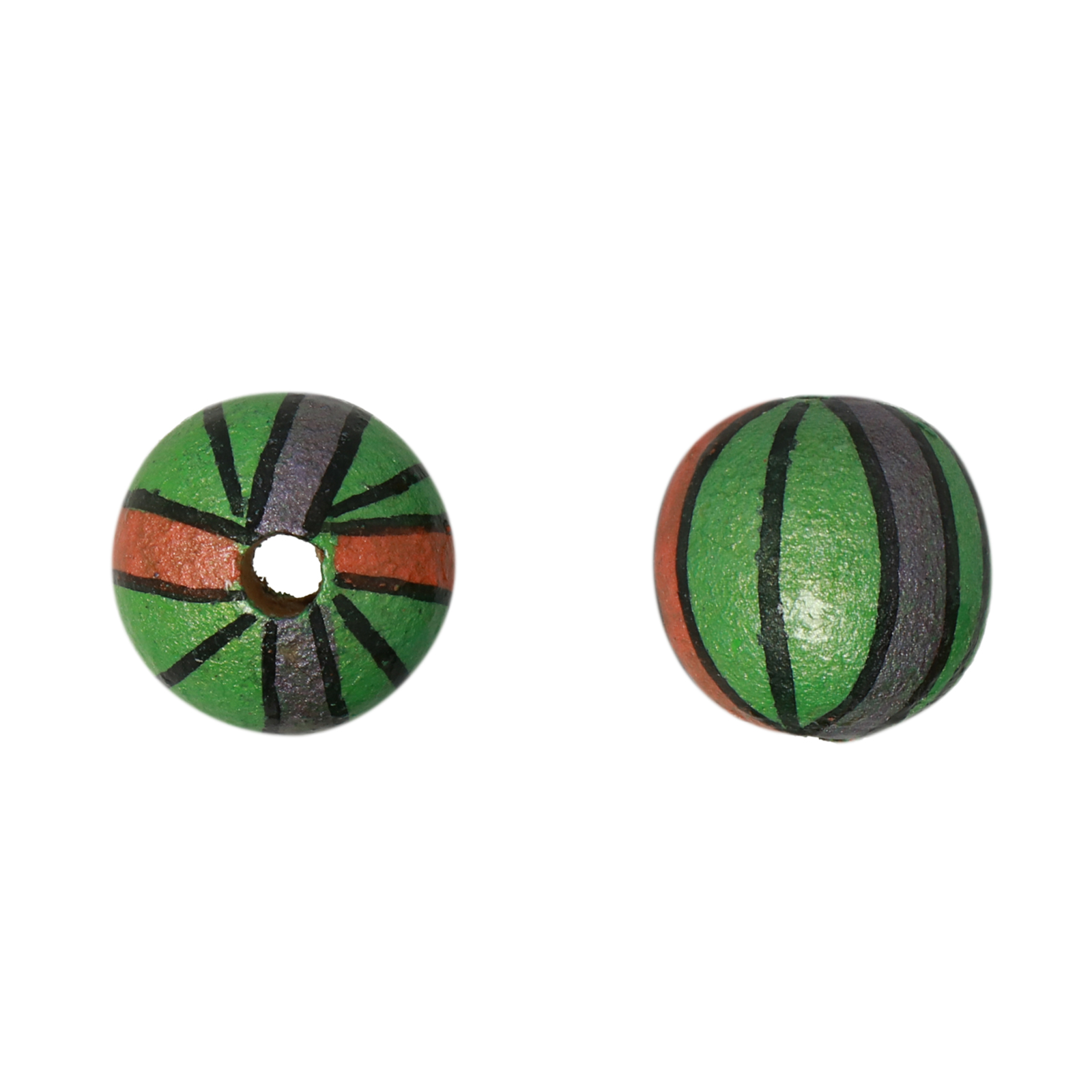 hand-painted wooden beads lines green - round 16mm | 8pcs