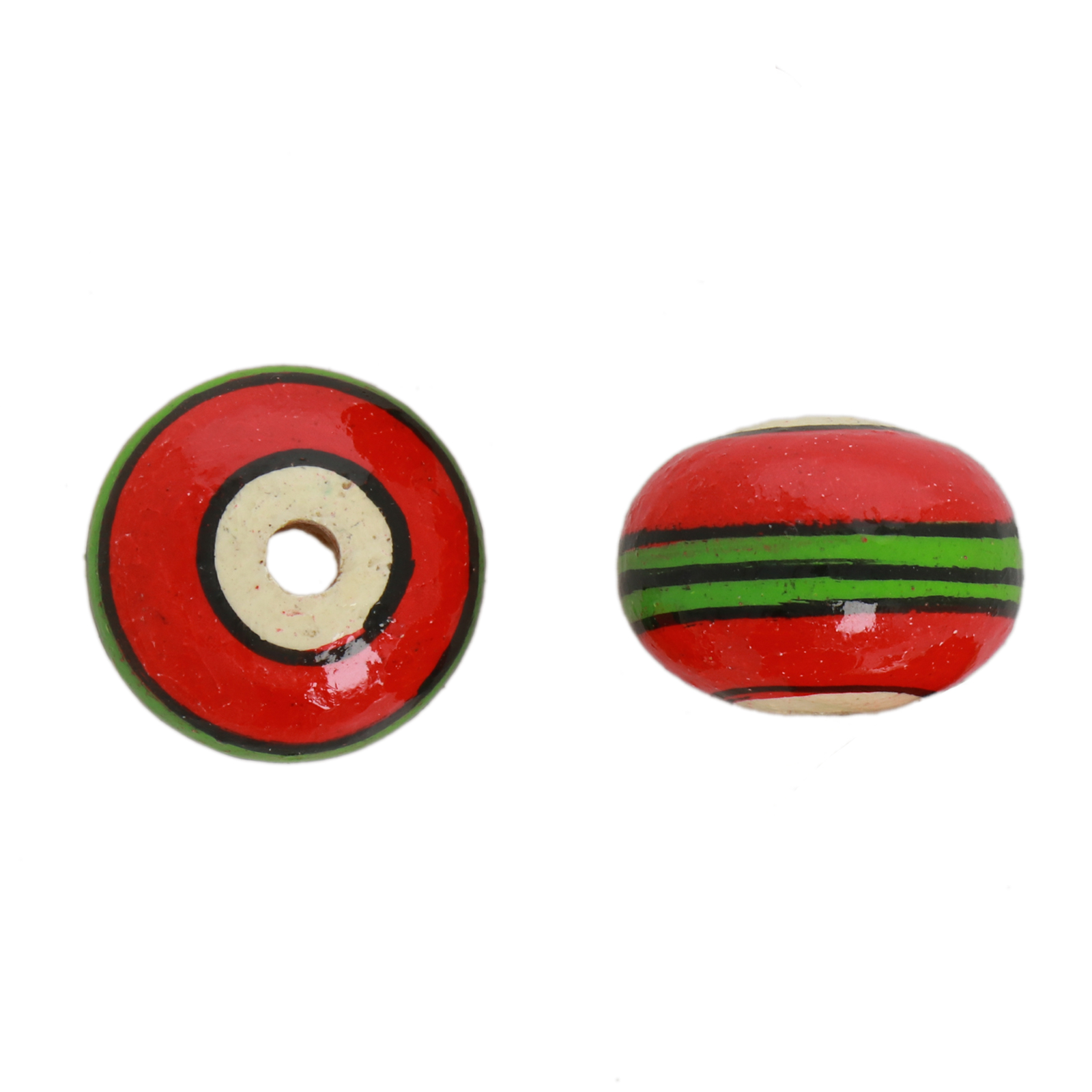 hand-painted wooden beads red lines - smooth wheel 21x16mm | 4pcs
