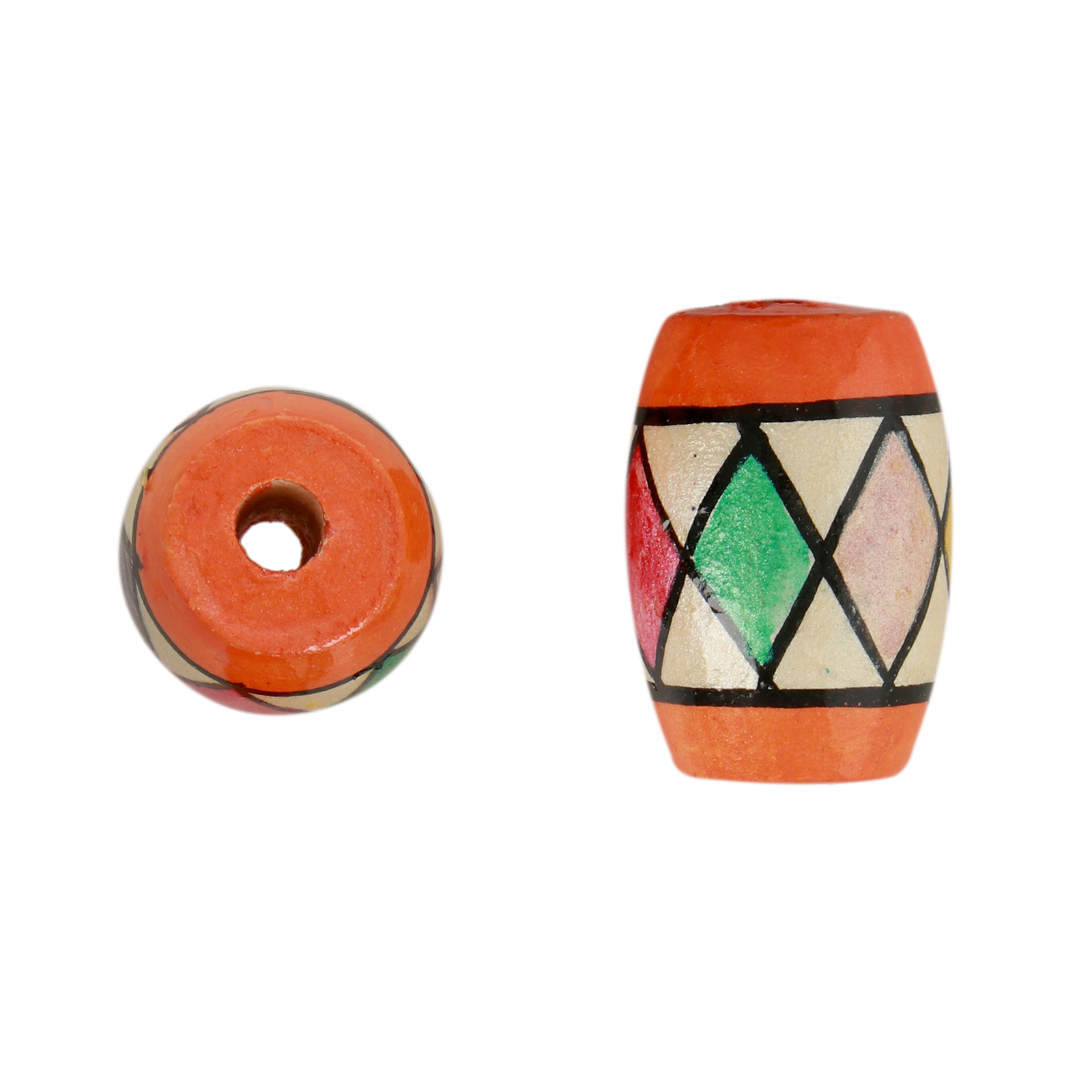 hand-painted wooden beads orange diamonds - drum 21x18mm | 4pcs