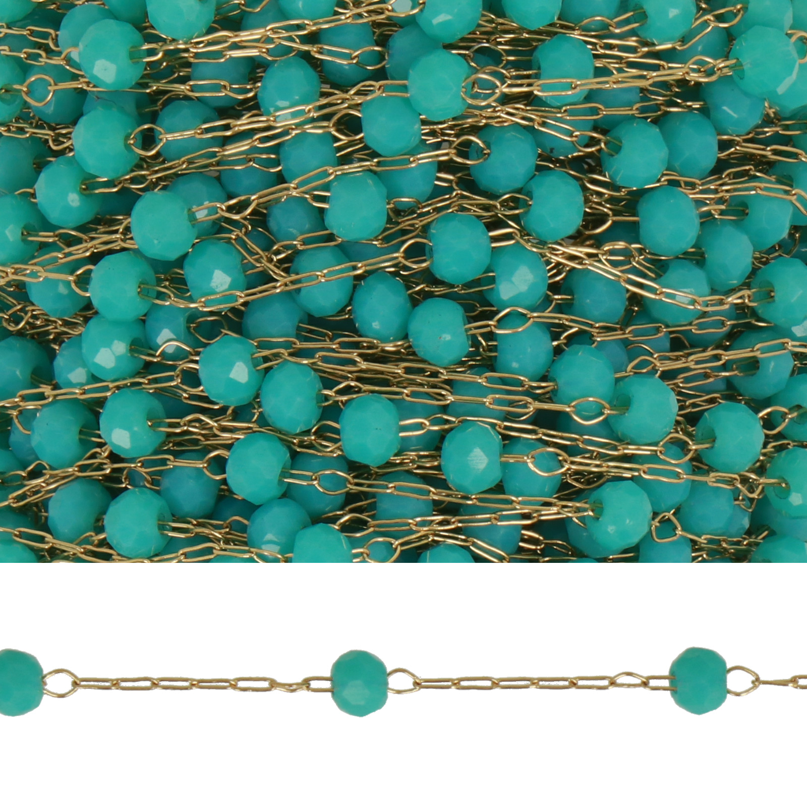 gold stainlless steel rosary chain opaque turquoise mini roundelle 3x2mm | 3mt