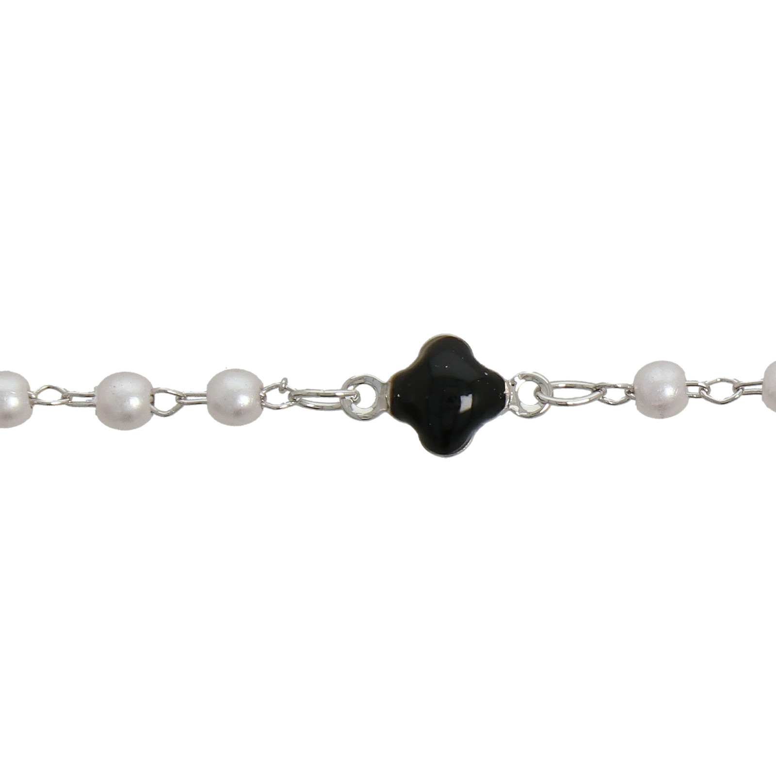 rhodium silver link chain jet flowers 6mm/plastic pearls 3mm | 1mt