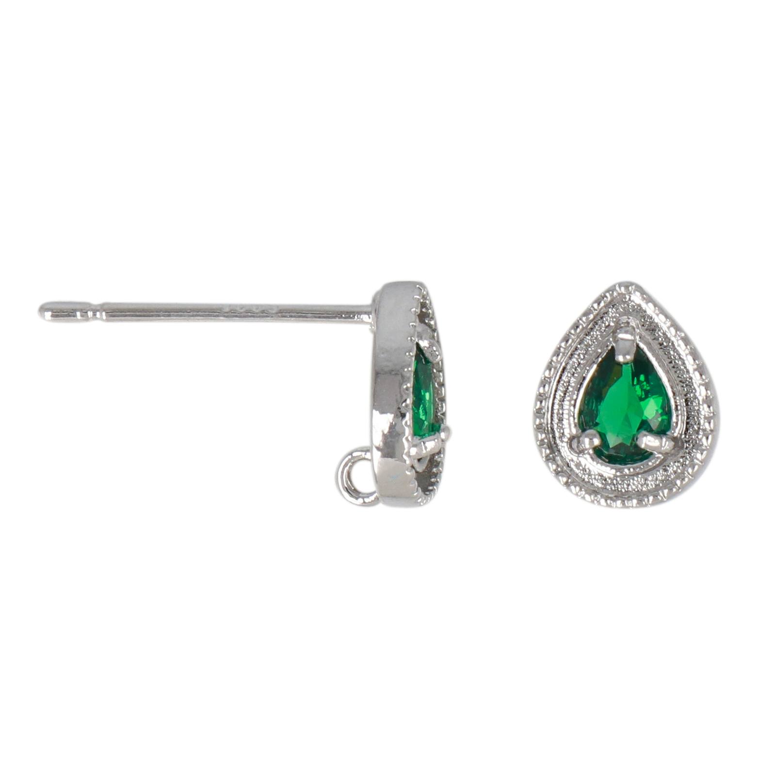 silver plated metal cz post earrings green drop 8mm | 2pc