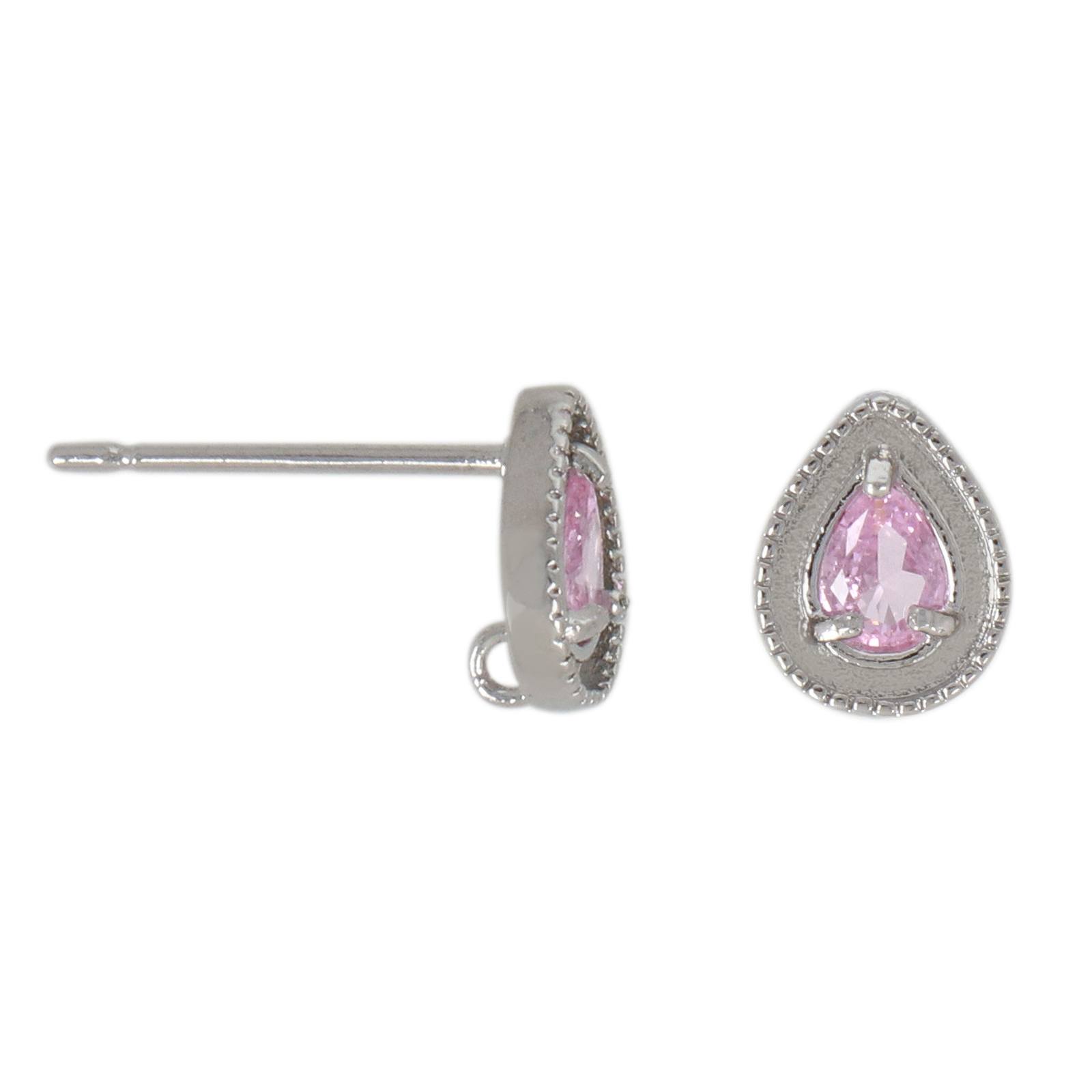 silver plated metal cz post earrings pink drop 8mm | 2pc