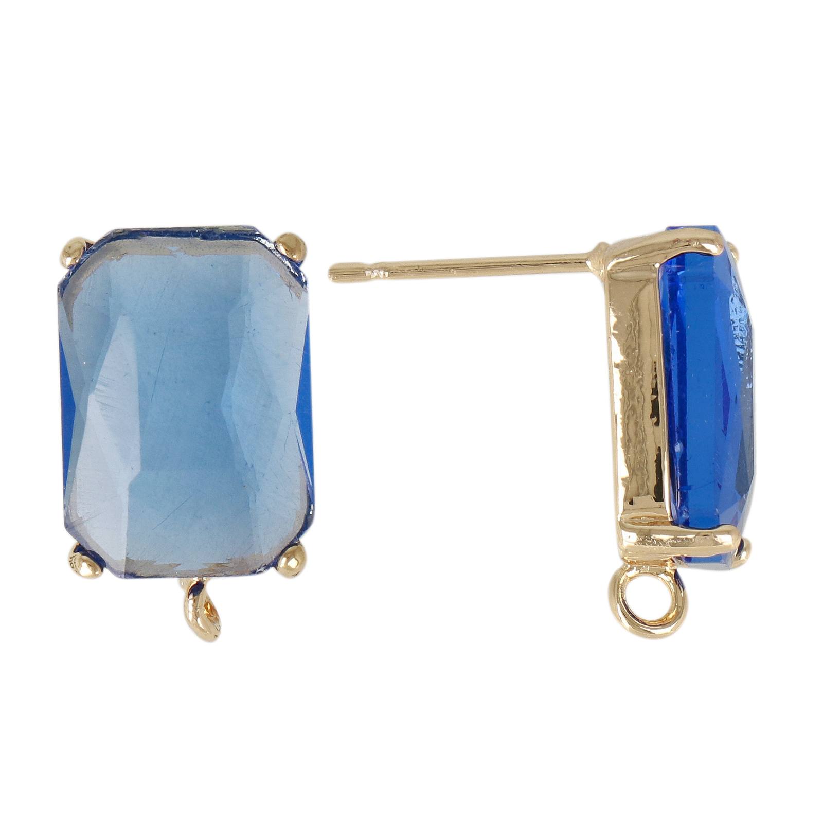 gold plated fine crystal post earring blue rectangular 14x10mm | 2pc