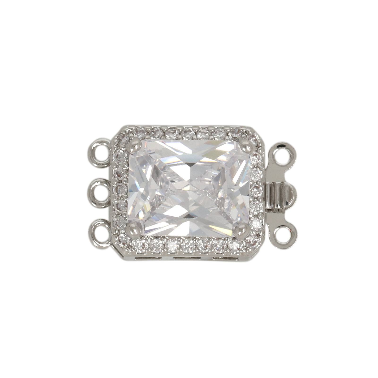 metal cz rhodium silver plated 3 strand rectangle box clasp crystal 13x11mm | 1pc