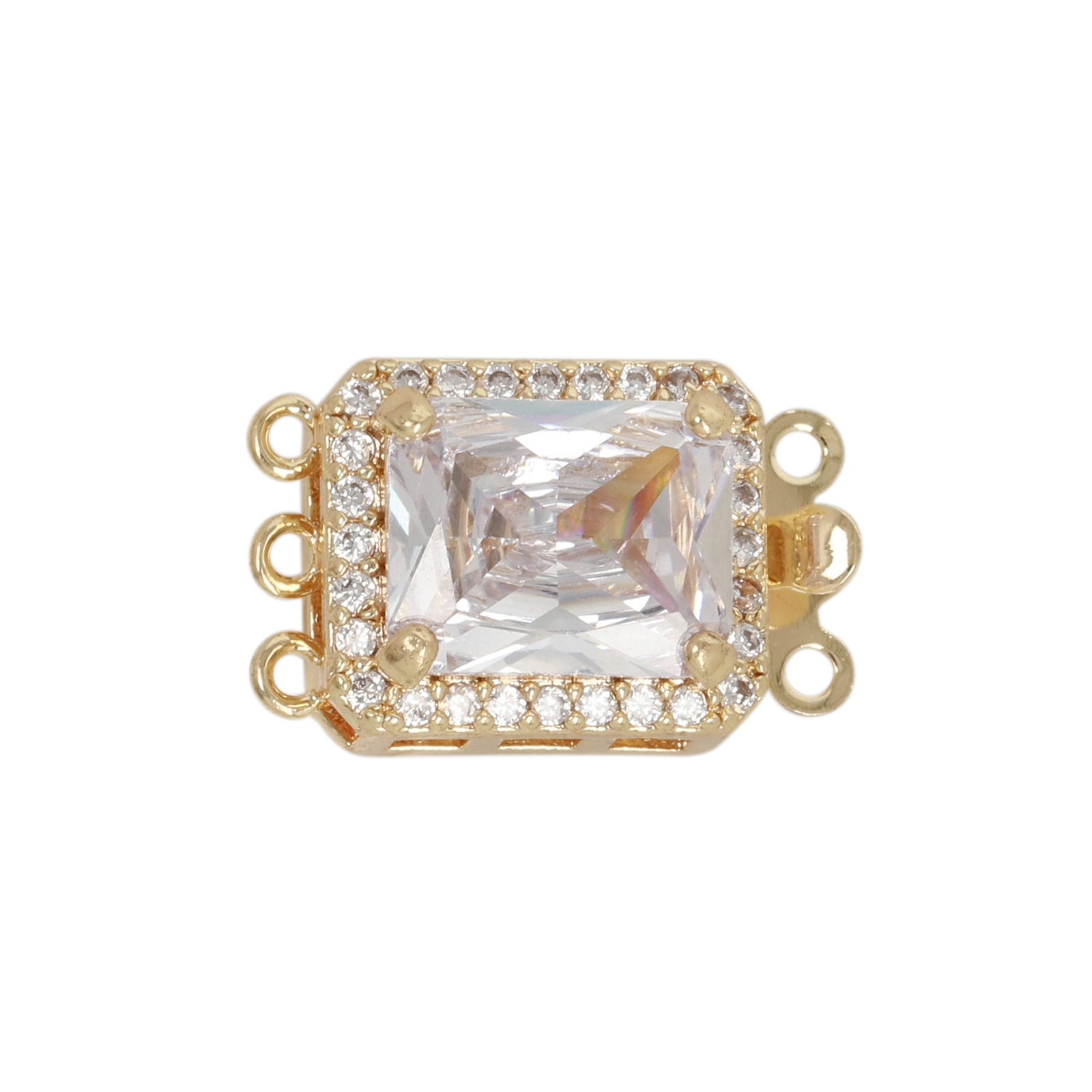 metal cz gold plated 3 strand rectangle box clasp crystal 13x11mm | 1pc