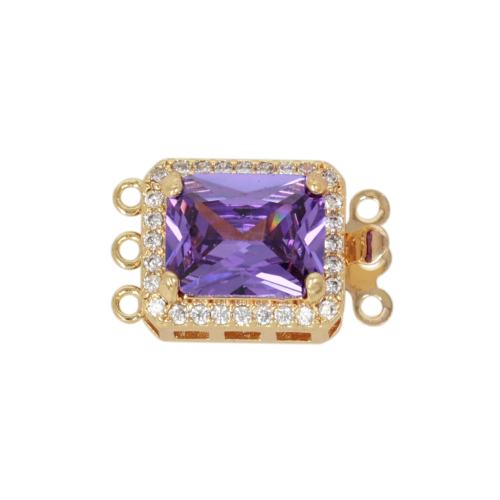 metal cz gold plated 3 strand rectangle box clasp violet 13x11mm | 1pc