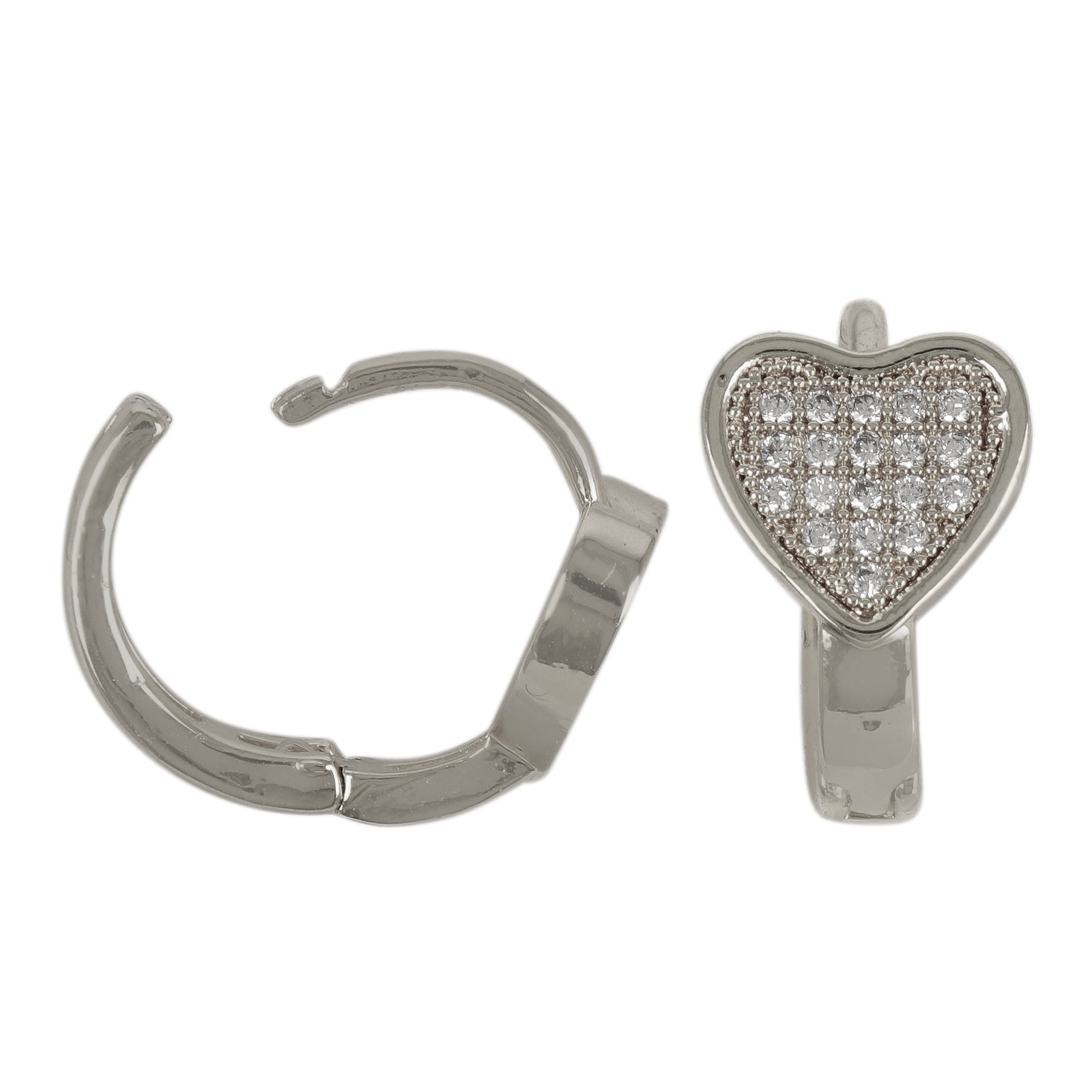 rhodium silver plated leverback hoop earring cubic zirconia heart 10mm - 14x3mm | 2pc