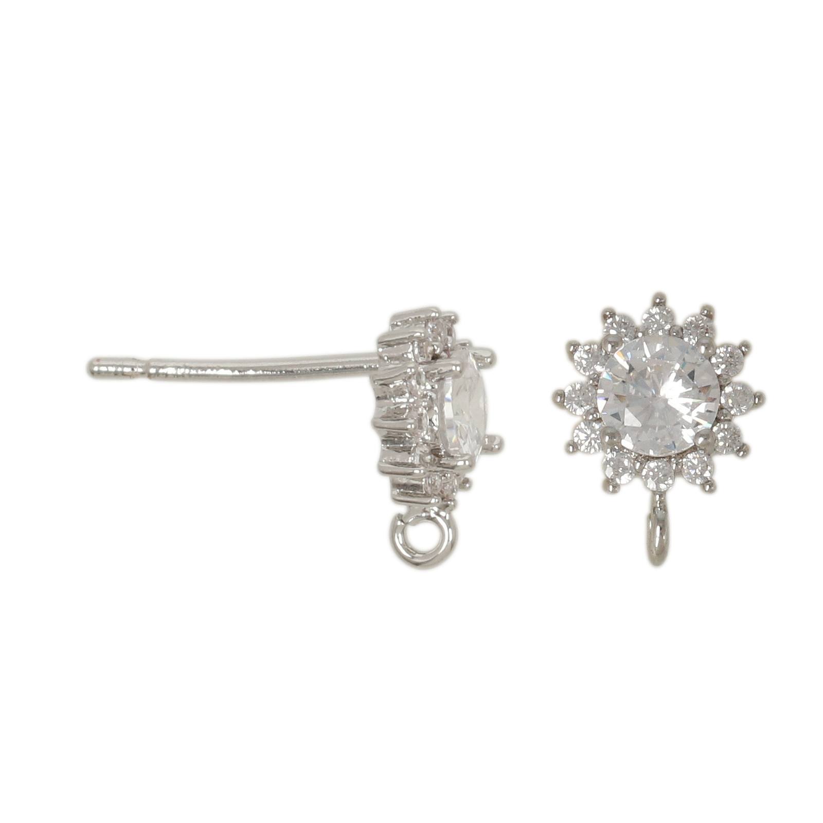 rhodium silver plated post earring cubic zirconia sun 7mm | 2pc