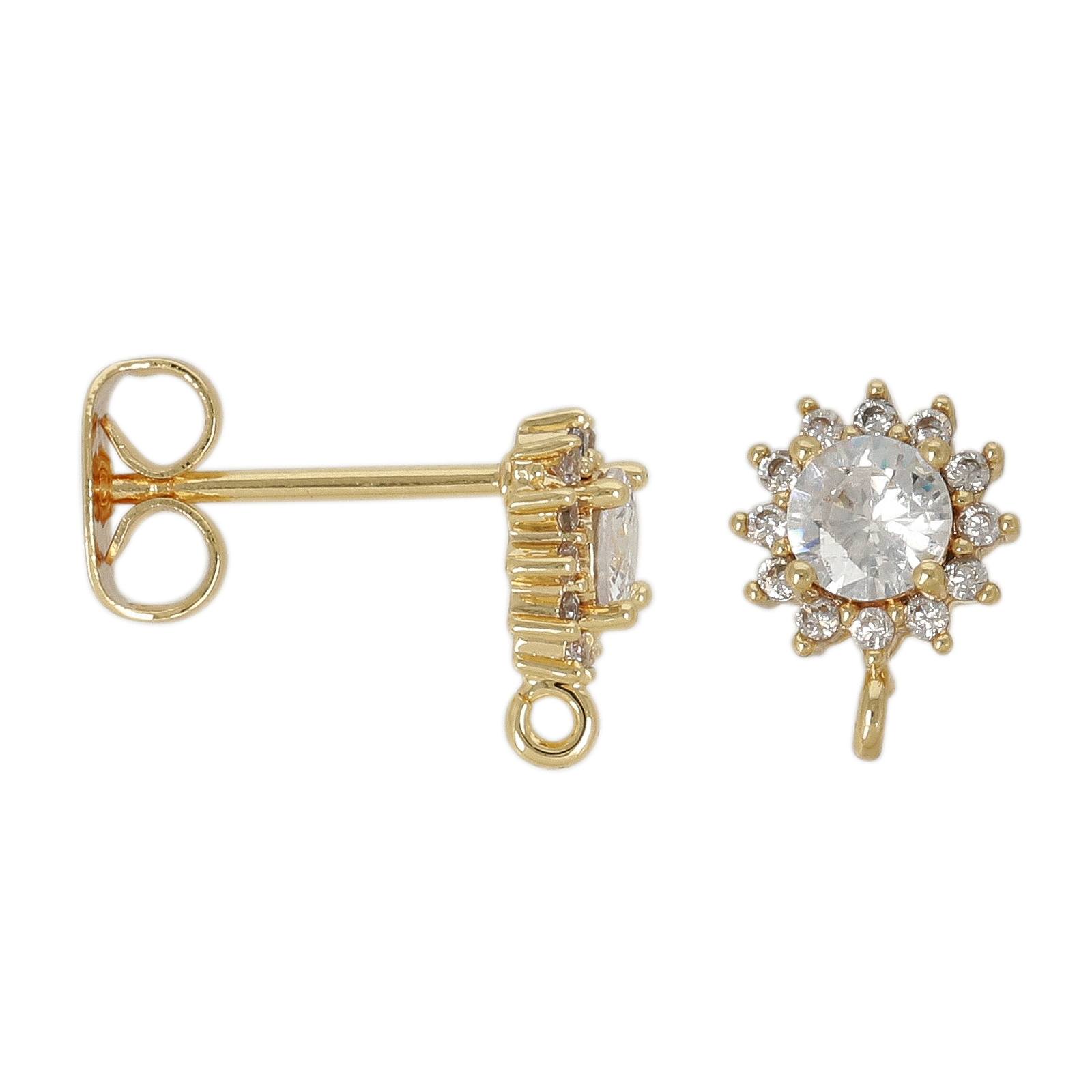 gold plated post earring cubic zirconia sun 7mm | 2pc