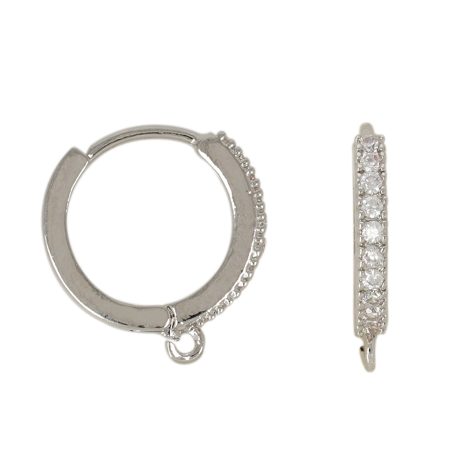 rhodium silver plated leverback hoop earring cubic zirconia 14x2mm | 2pc