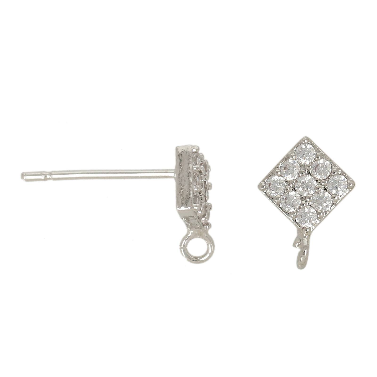rhodium silver plated post earring rhombus cubic zirconia 7mm | 2pc
