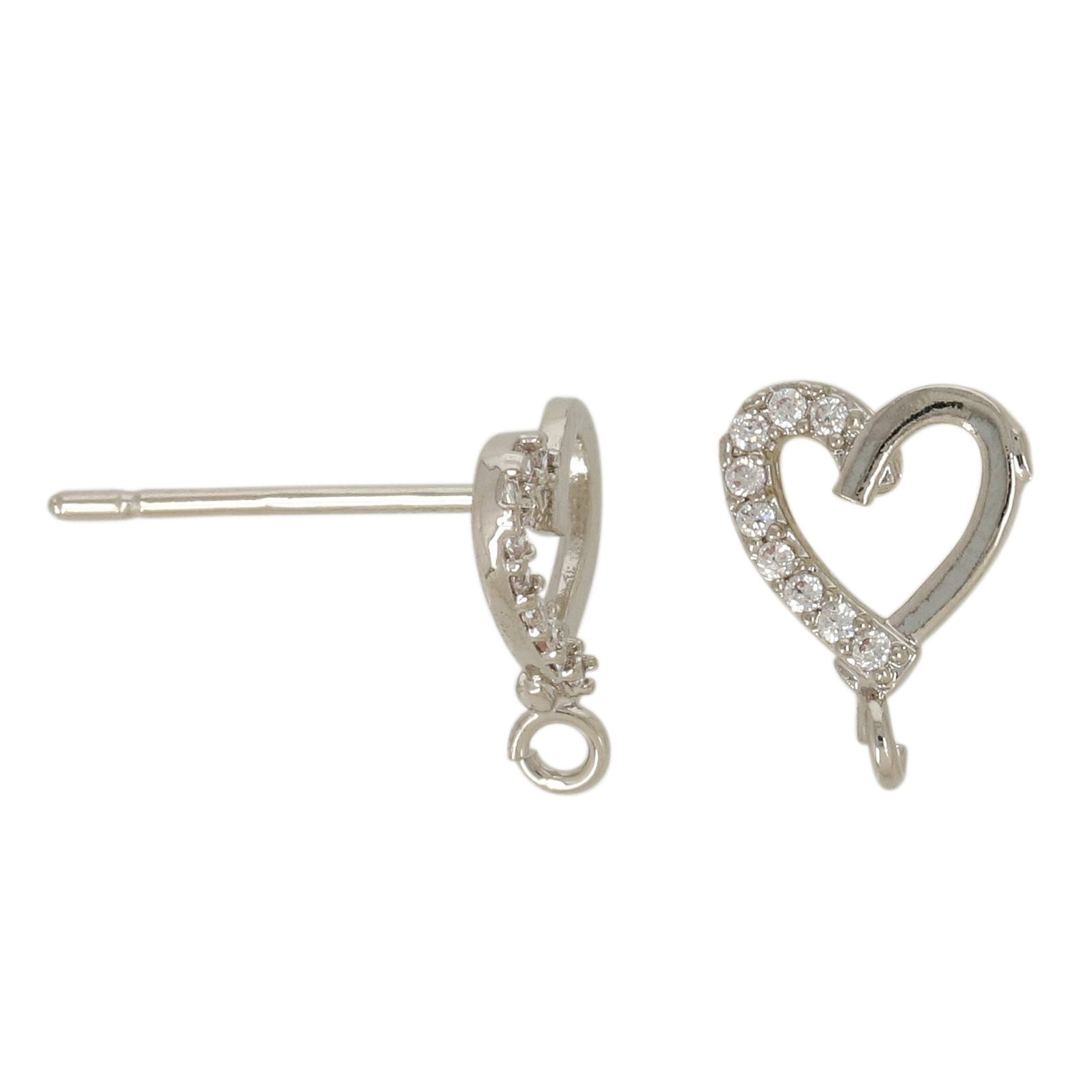 rhodium silver plated post earring heart cubic zirconia 8mm | 2pc