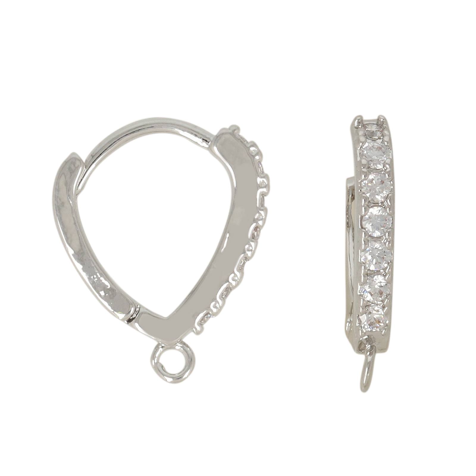 rhodium silver plated leverback hoop earring cubic zirconia drop 14x2mm | 2pc
