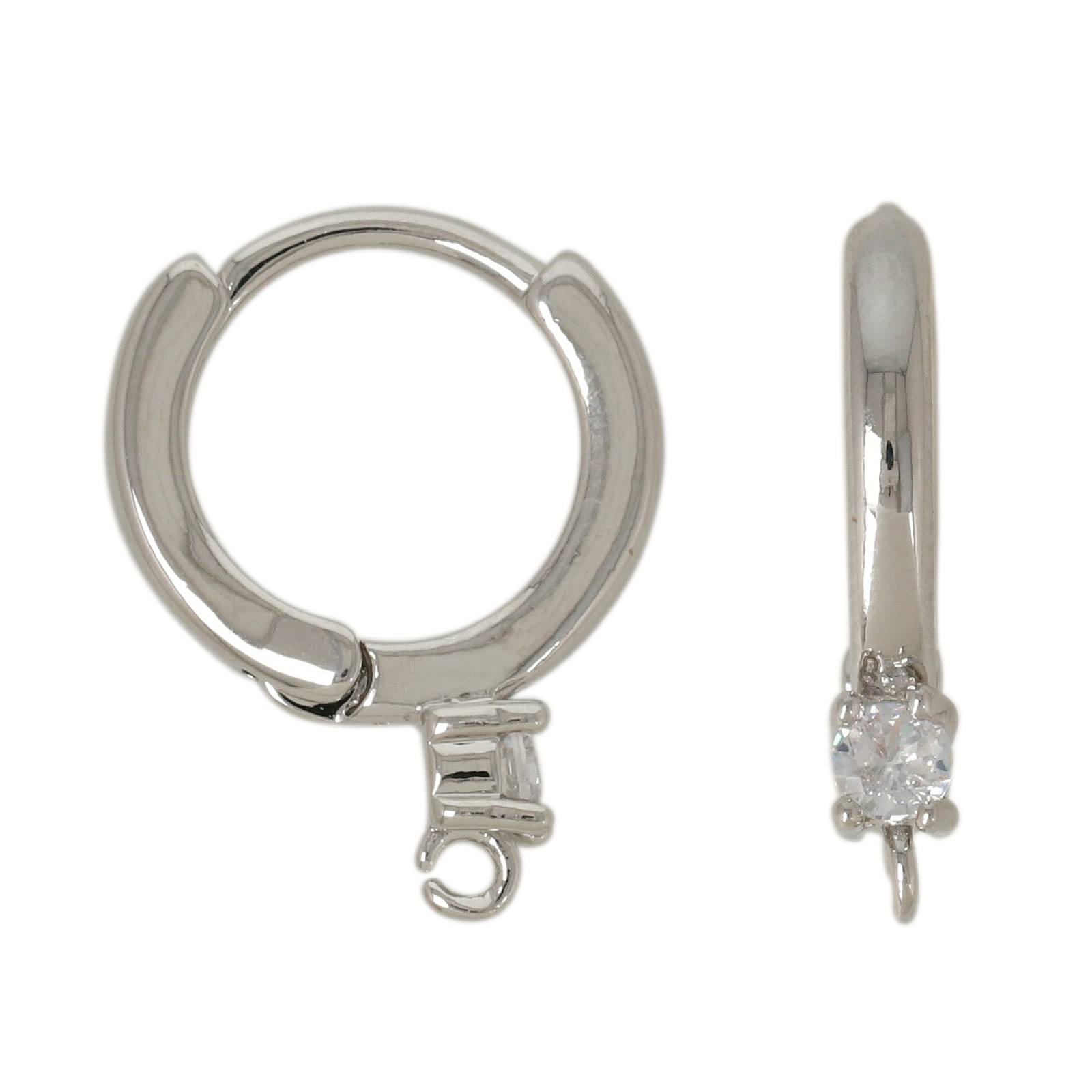 rhodium silver plated leverback hoop earring cubic zirconia 14x2mm | 2pc