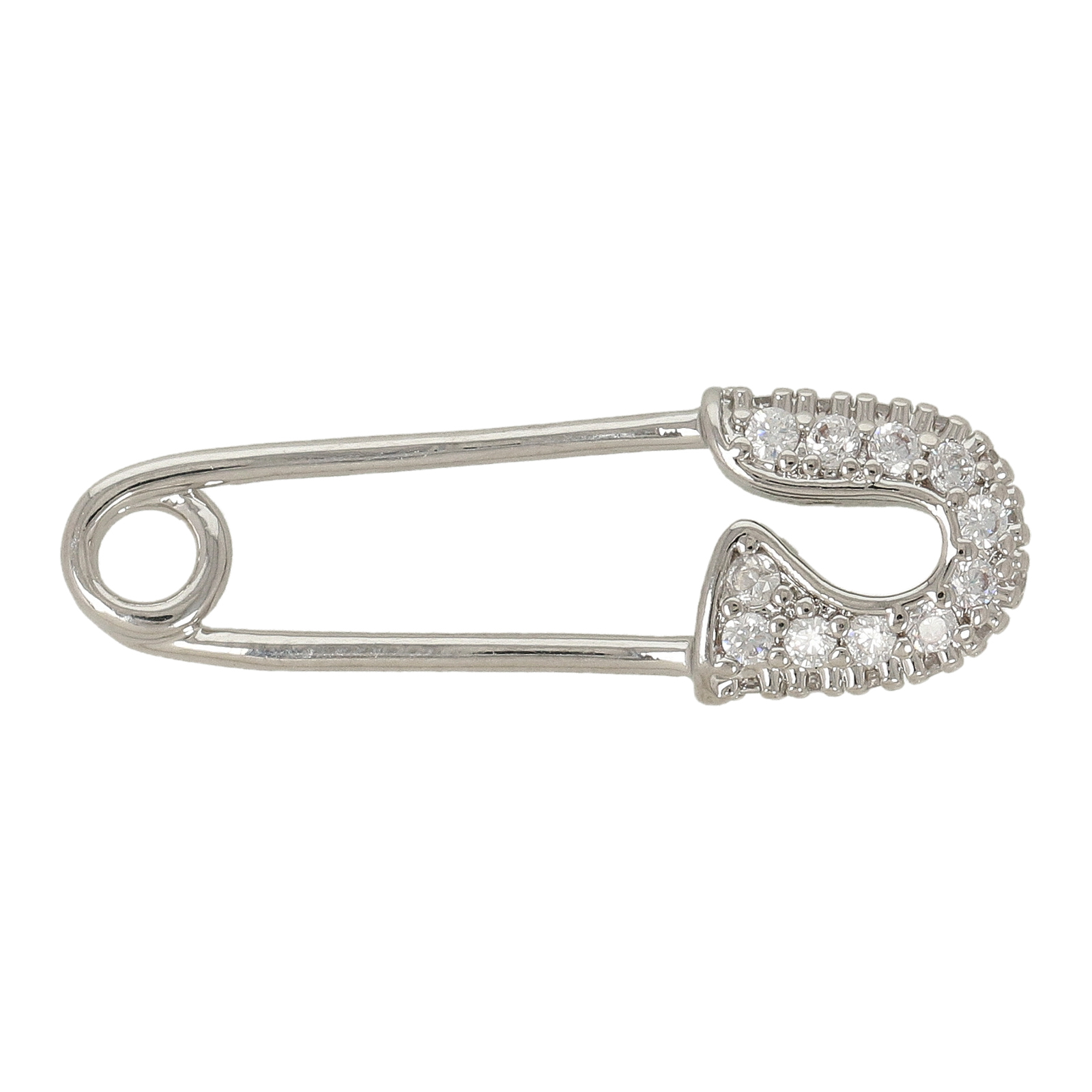 rhodium silver plated cubic zirconia pendant - safety pin 27,5x9mm | 1pc