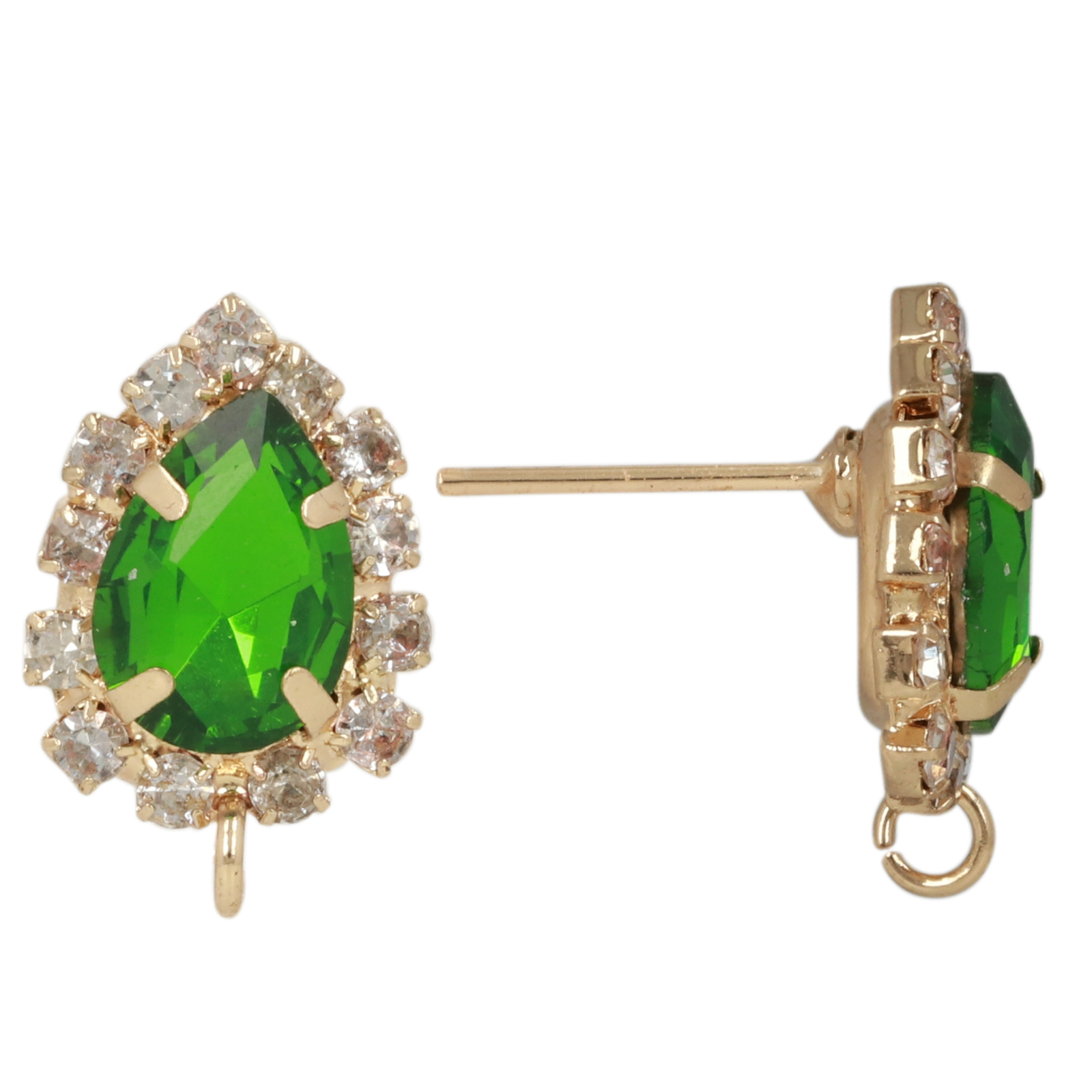 gold plated fine crystal post earring green drop 14x11mm | 2pc