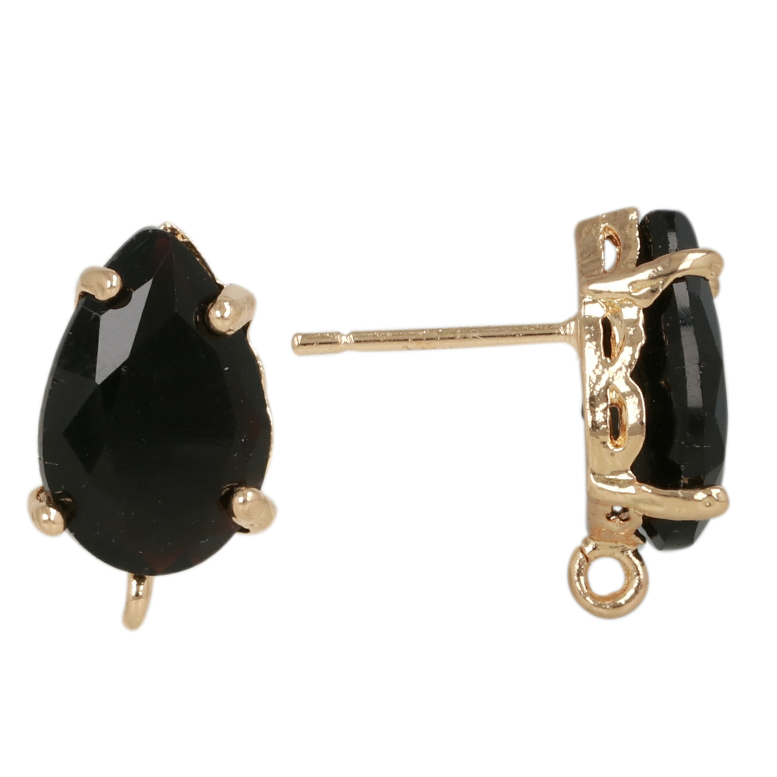 gold plated fine crystal post earring jet drop 12x8mm | 2pc