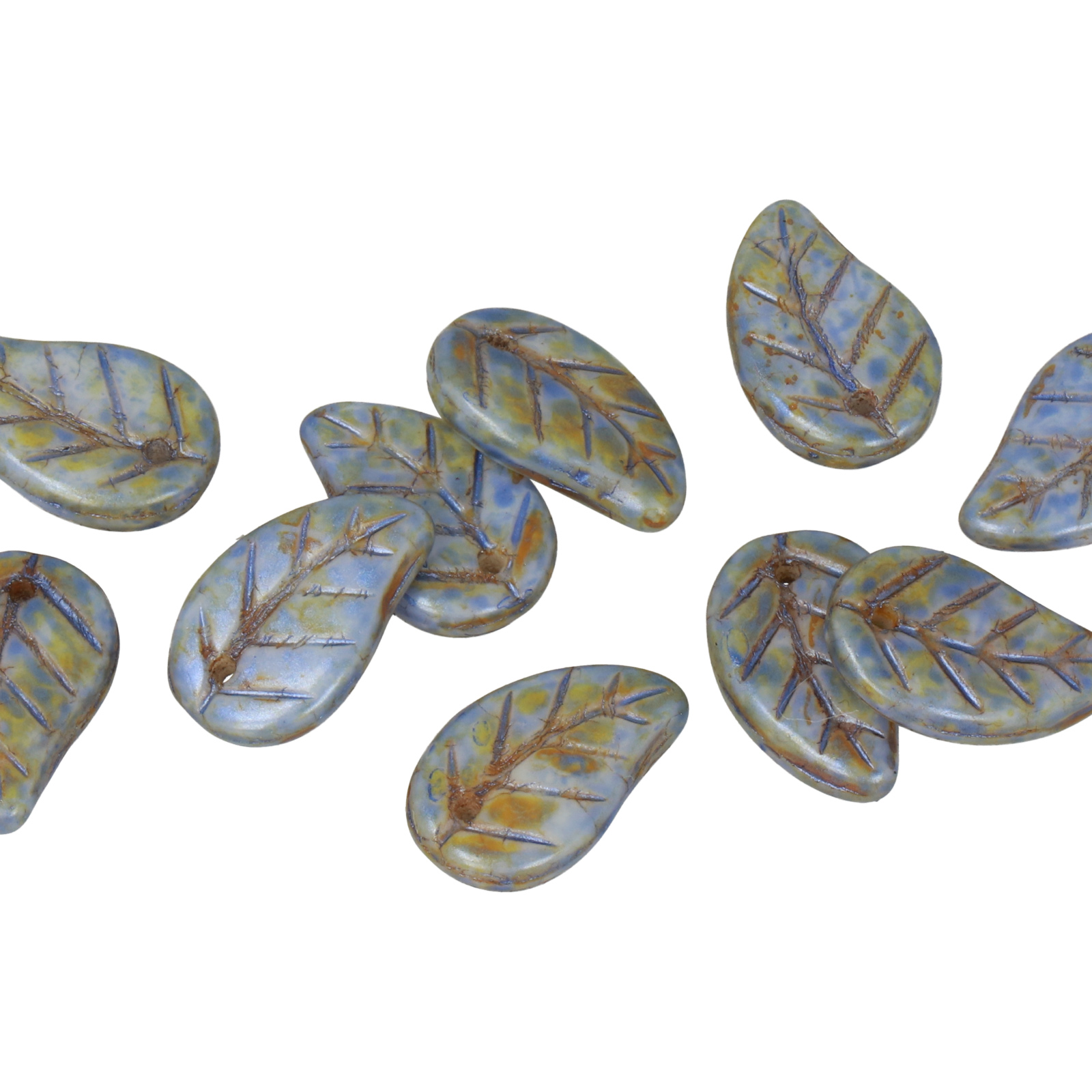 czech glass leaves opaque blue picasso 14x9mm | 12pc