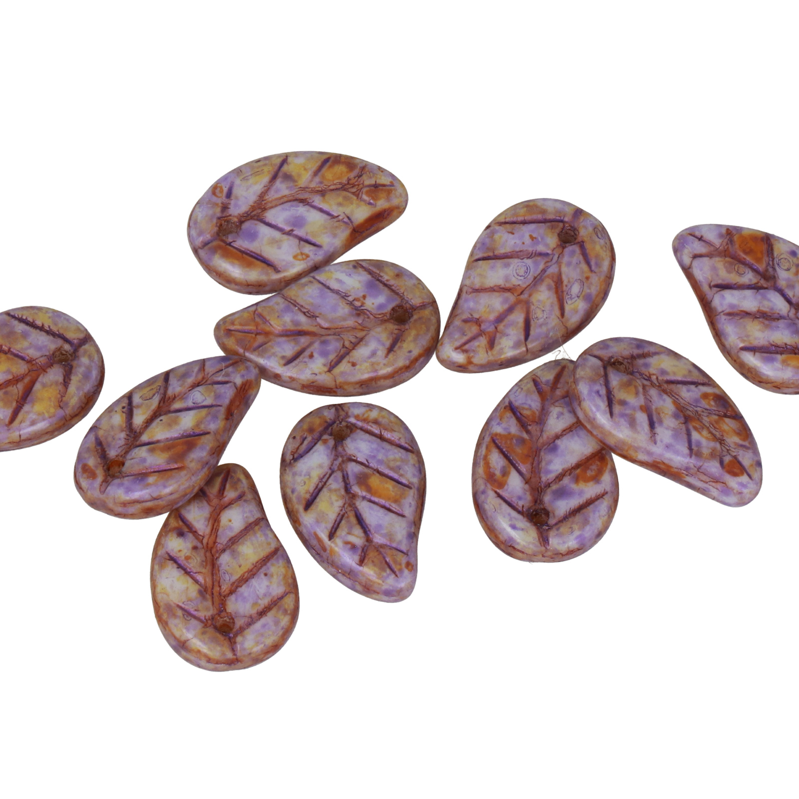 czech glass leaves opaque purple picasso 14x9mm | 12pc