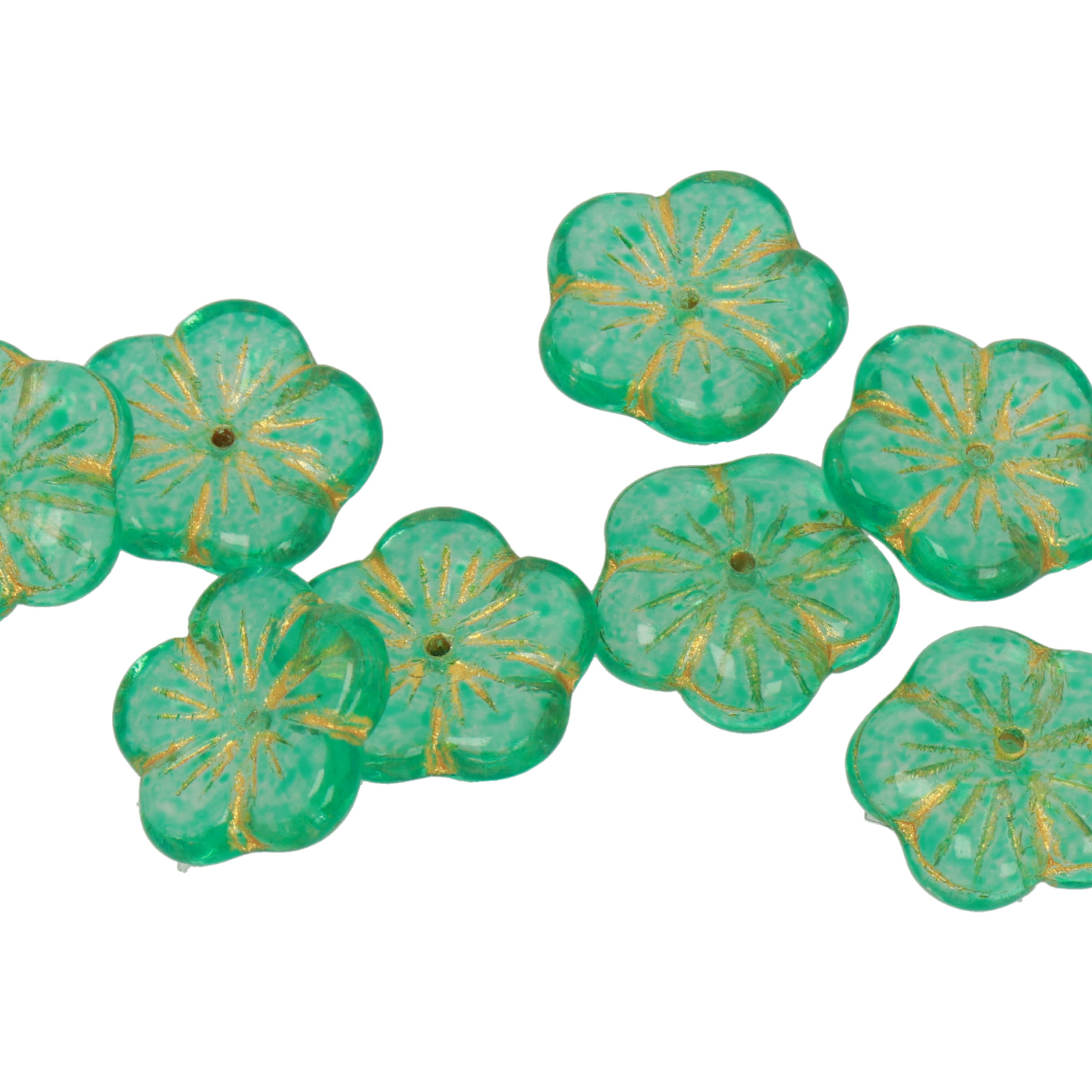 ibiscus glass beads kelly green gold lined 14mm | 10pc