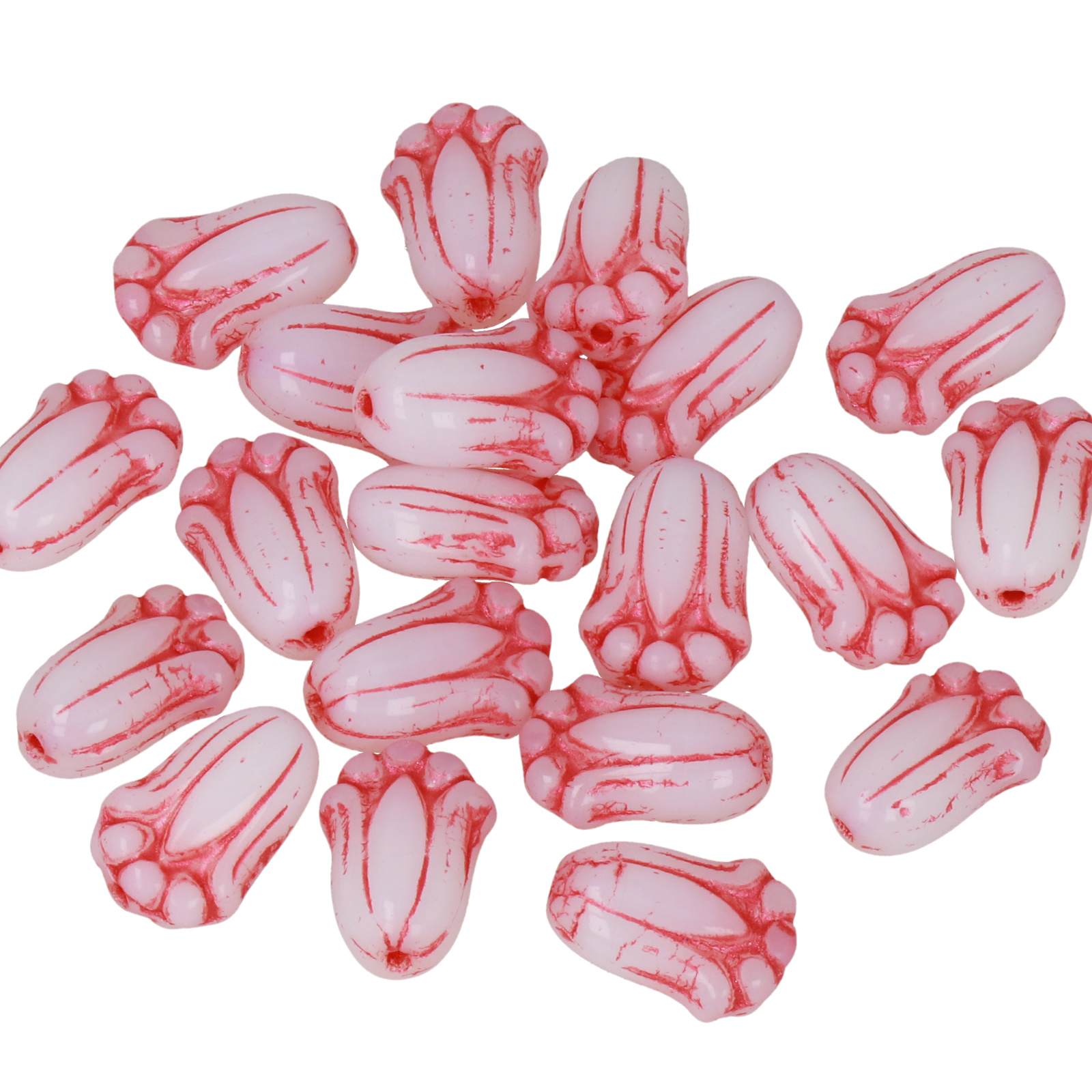 böhmische glas deko tulip alabaster white lined red 12x8mm | 20st