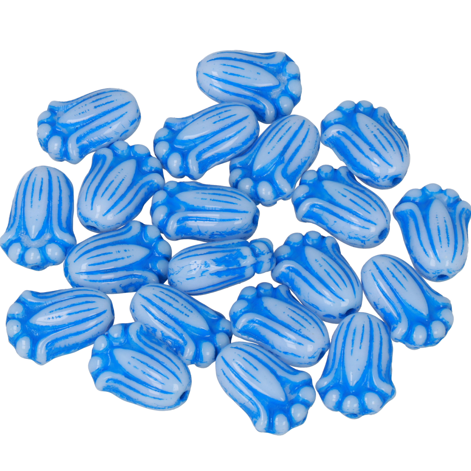 deko tulip beads opaque white lined blue 12x8mm | 20st