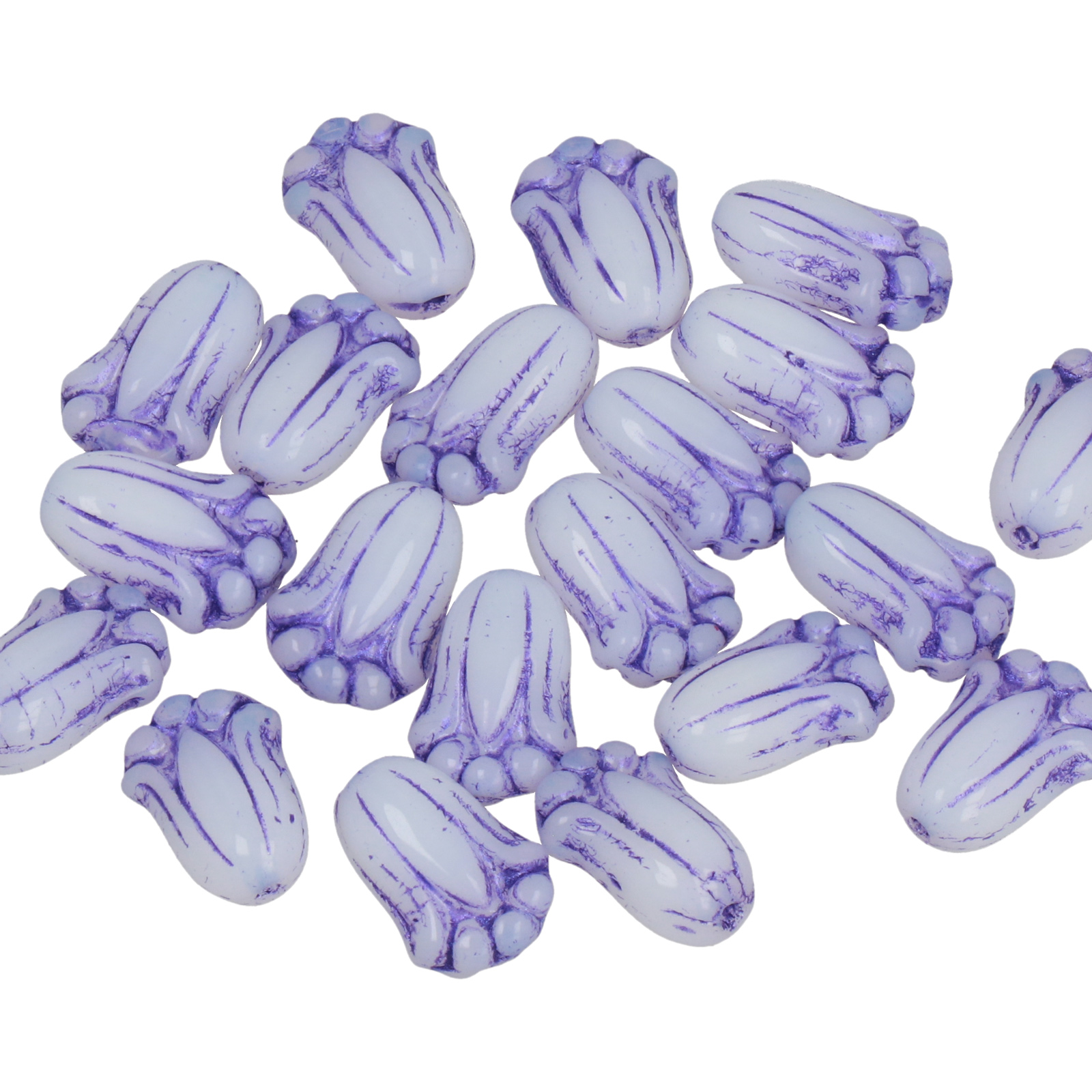 deko tulip beads alabaster white lined purple 12x8mm | 20pc