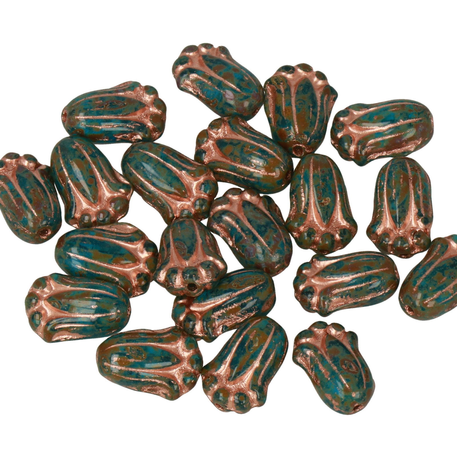 böhmische glas deko tulip teal copper travertin 12x8mm | 20st