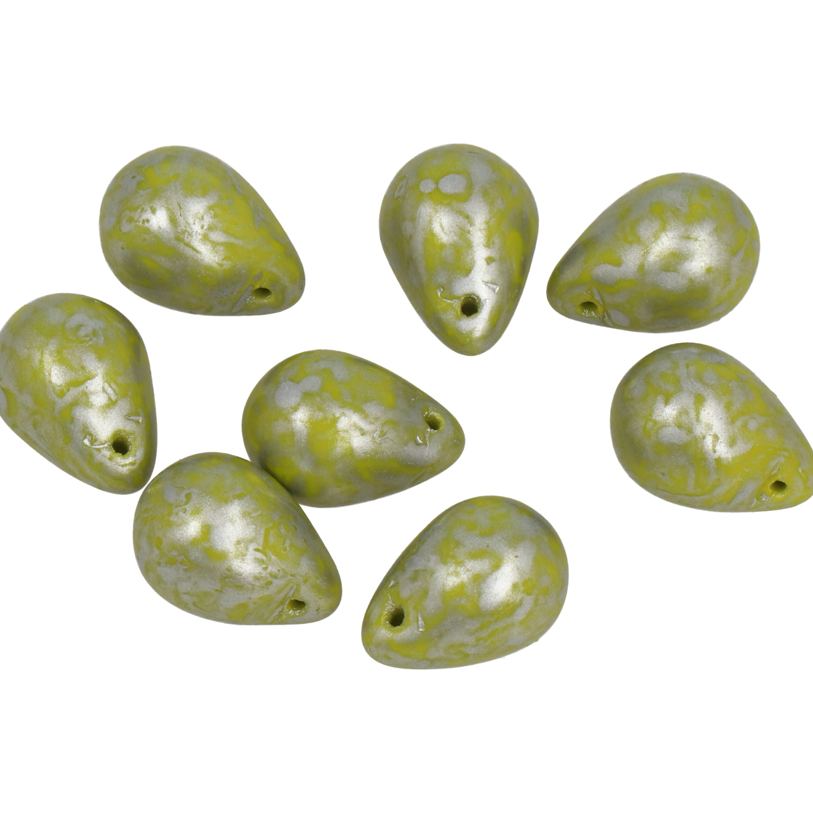 böhmische glas perlen - opaque olive silver travertin side drilled briolette 14x10mm | 8st