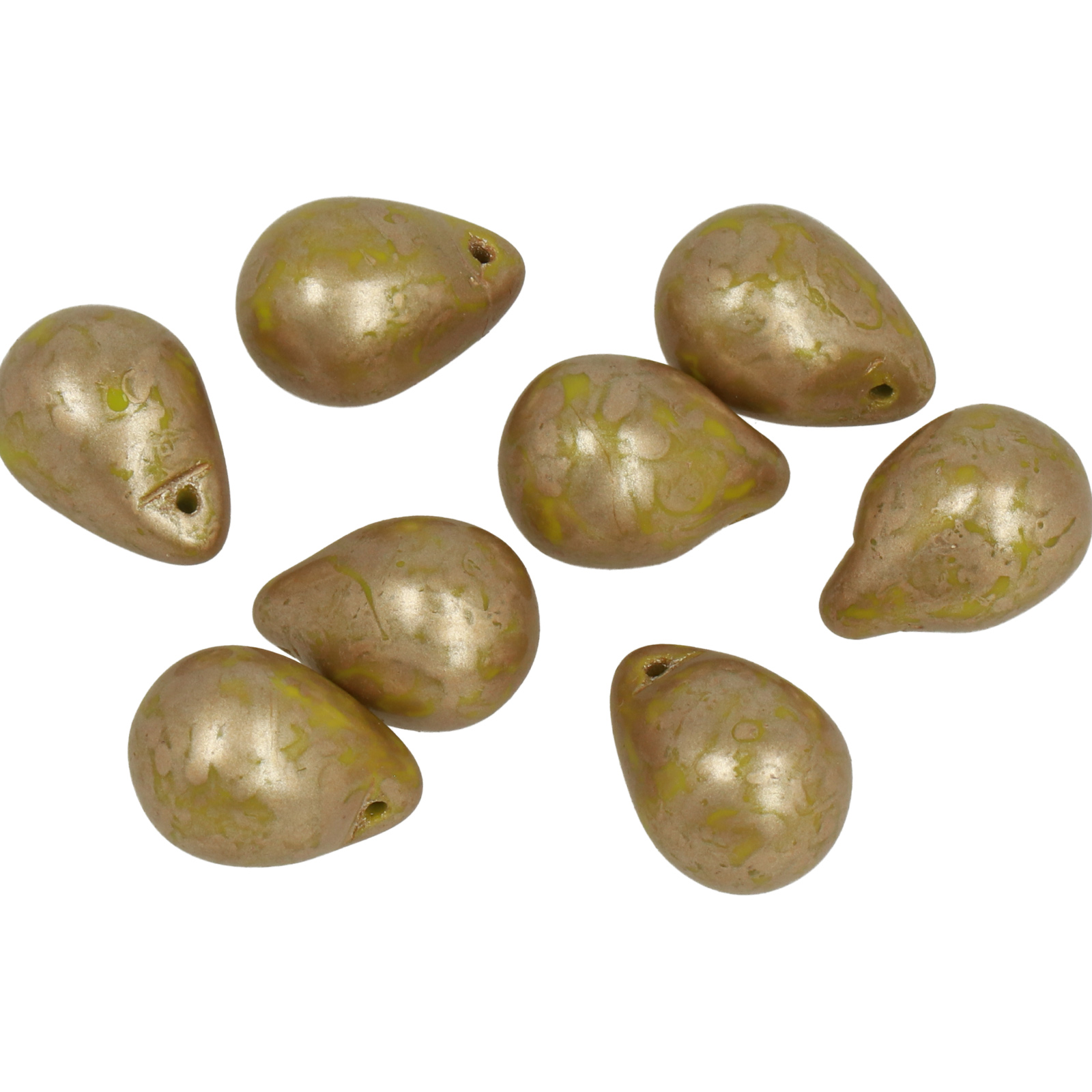 böhmische glas perlen - opaque olive light gold travertin side drilled briolette 14x10mm | 8st