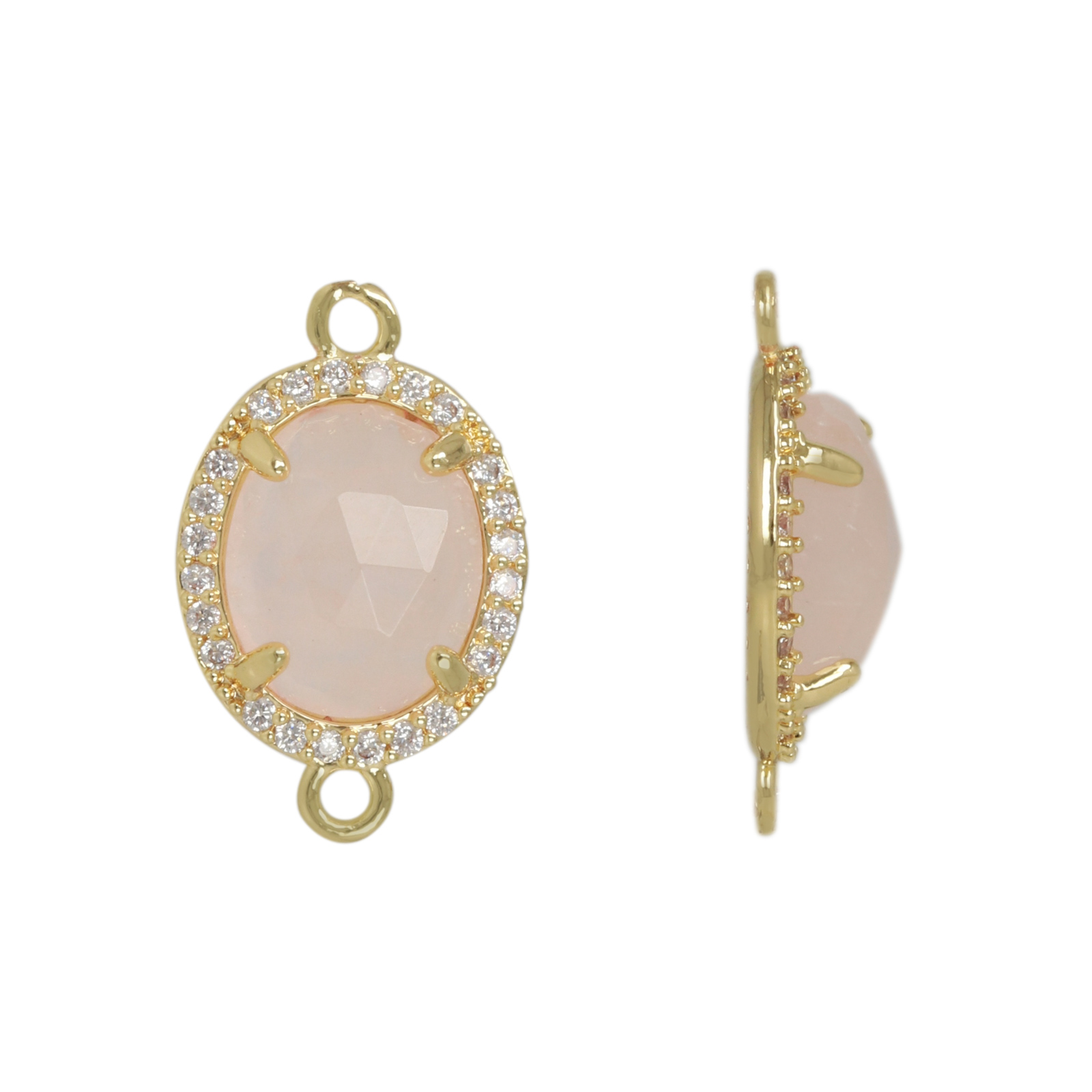 gold plated with cubic zirconia precious link rose quartz oval 10x8mm | 1pc