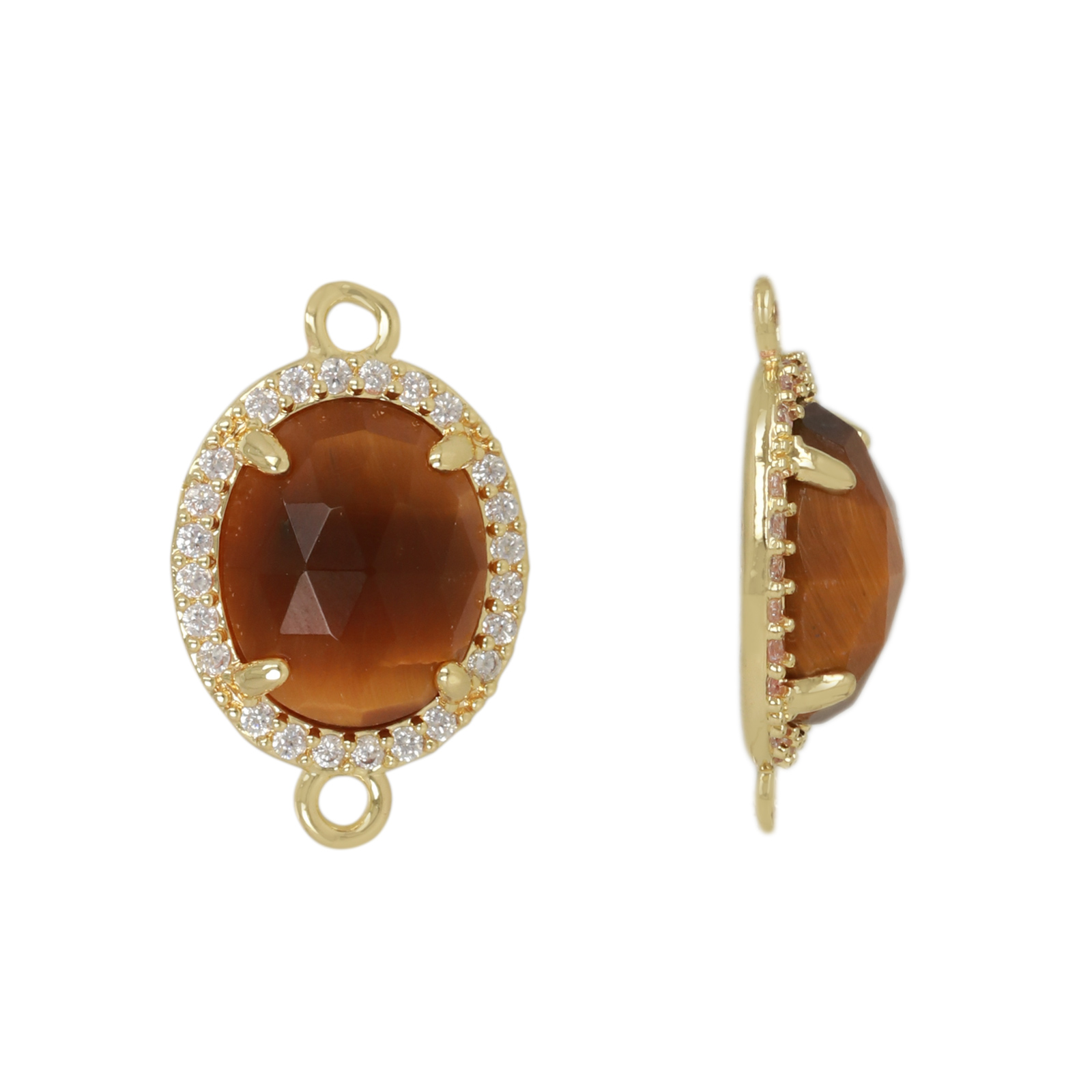gold plated with cubic zirconia precious link tiger eye oval 10x8mm | 1pc