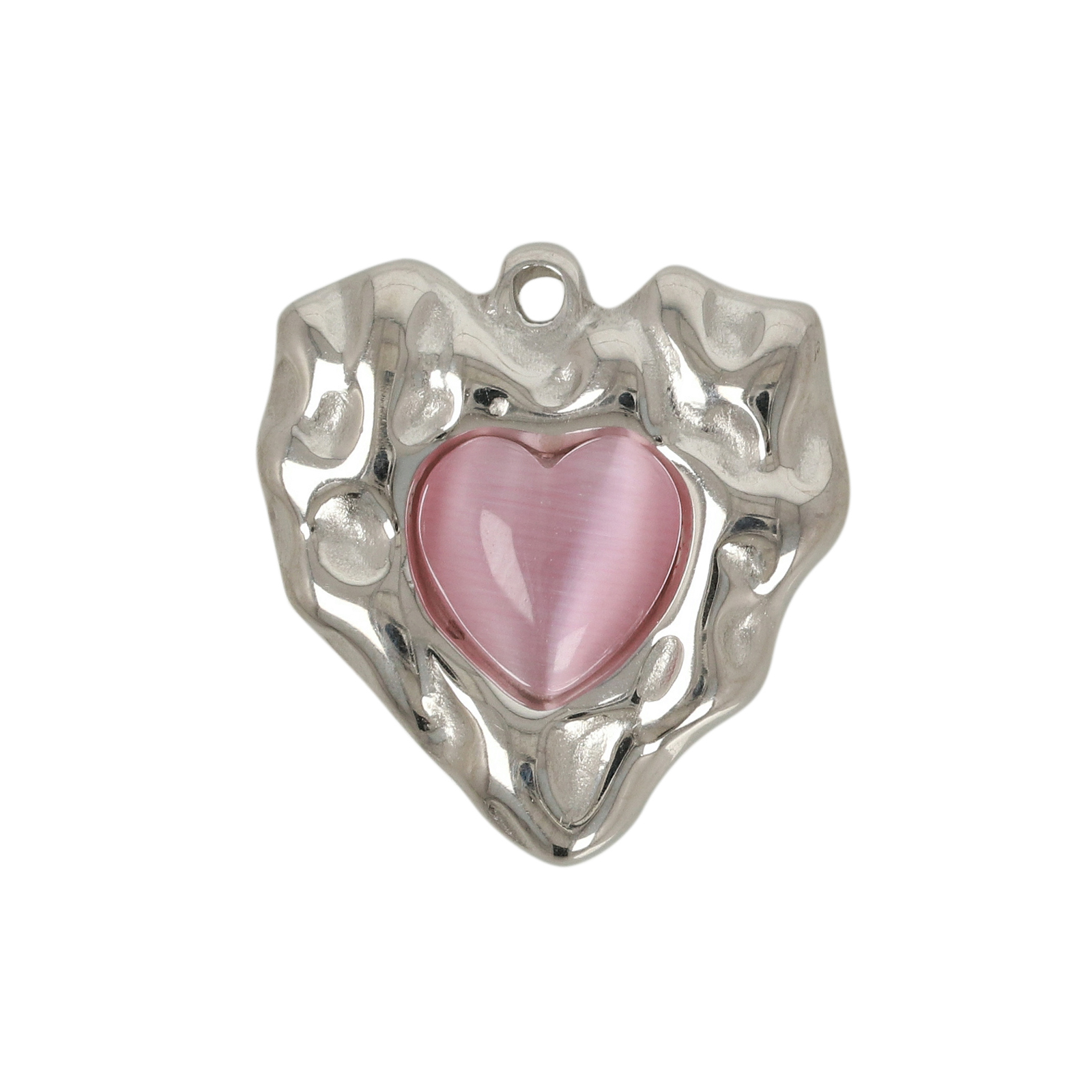 stainless stell heart with pink cat's eye pendant 18mm | 1pc