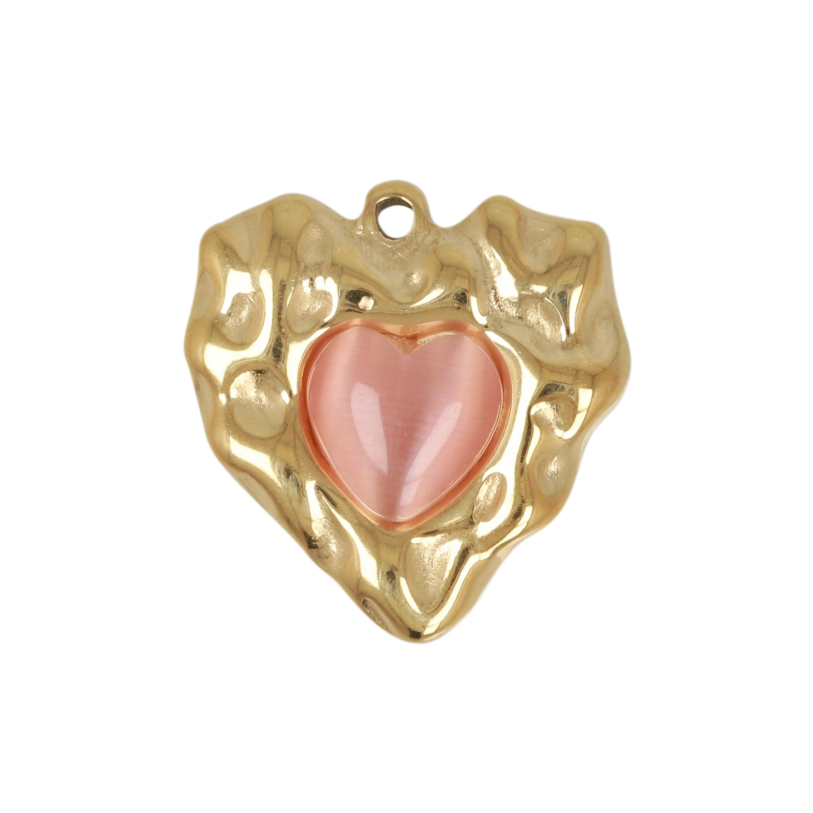 gold plated stainless stell heart with pink cat's eye pendant 18mm | 1pc