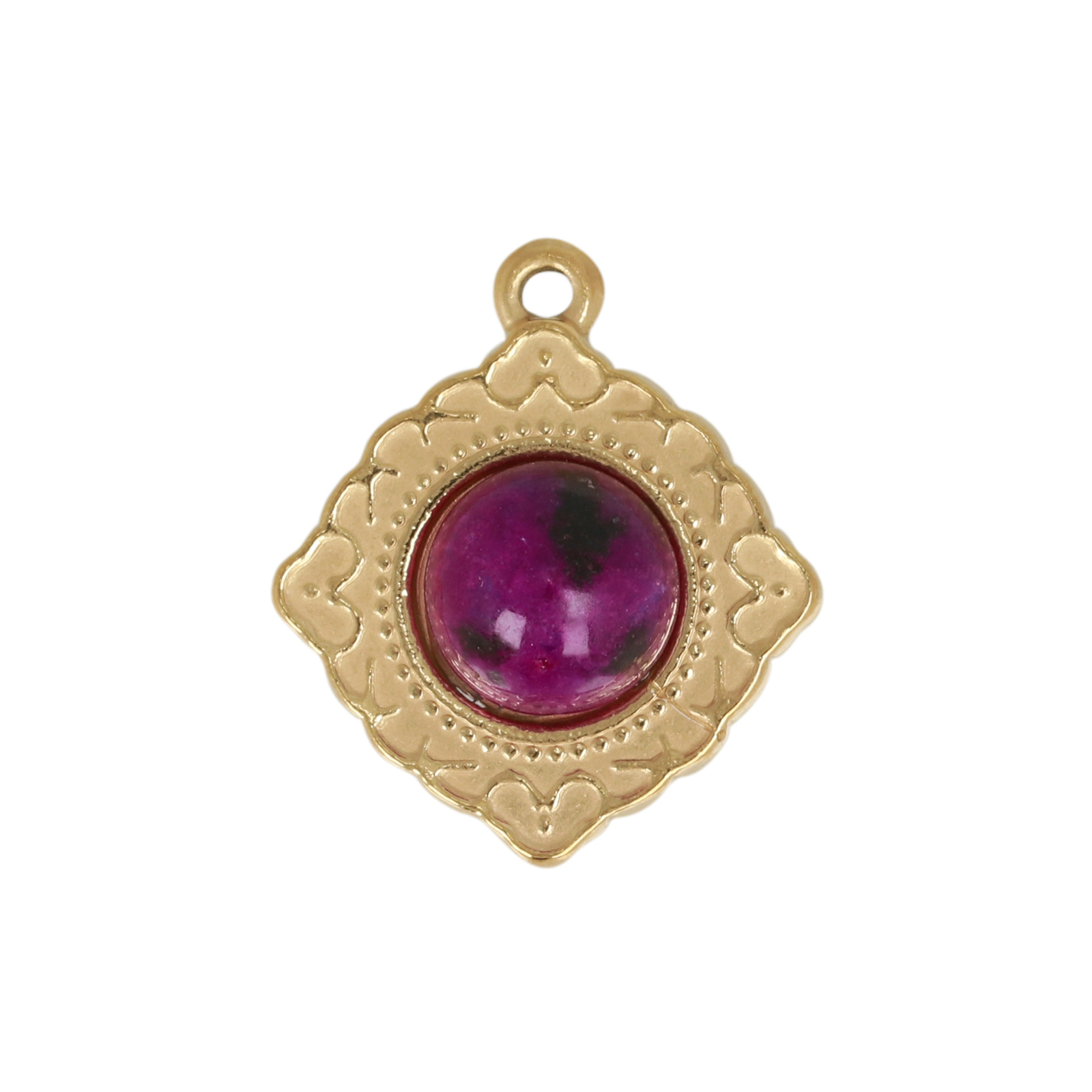 gold plated stainless stell rhombus with purple dyed jade pendant 18mm | 1pc