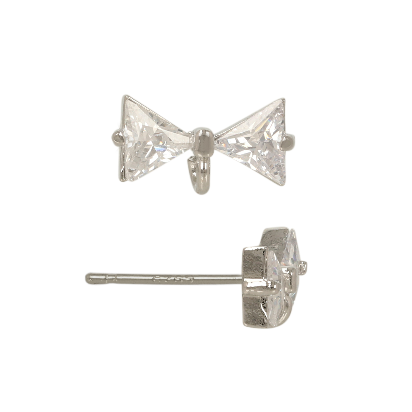 rhodium silver plated post earring cubic zirconia bow 12x6mm | 2pc