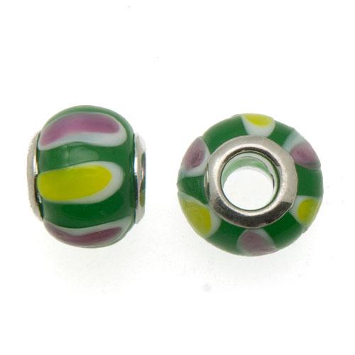 green multicolor lined large hole beads 14x10mm | 2pc