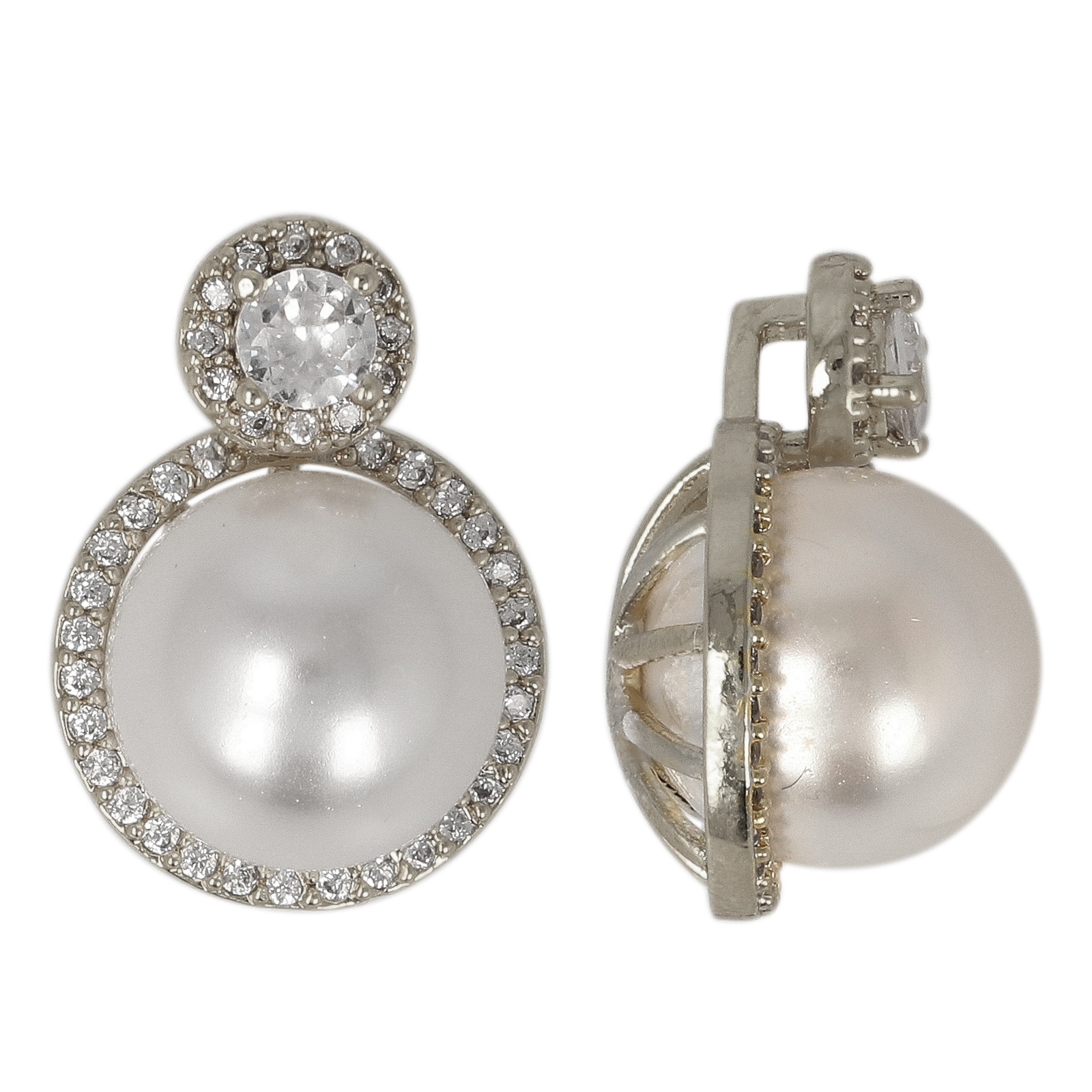 rhodium silver plated metal cz pendant with pearl 18x12mm | 1pc