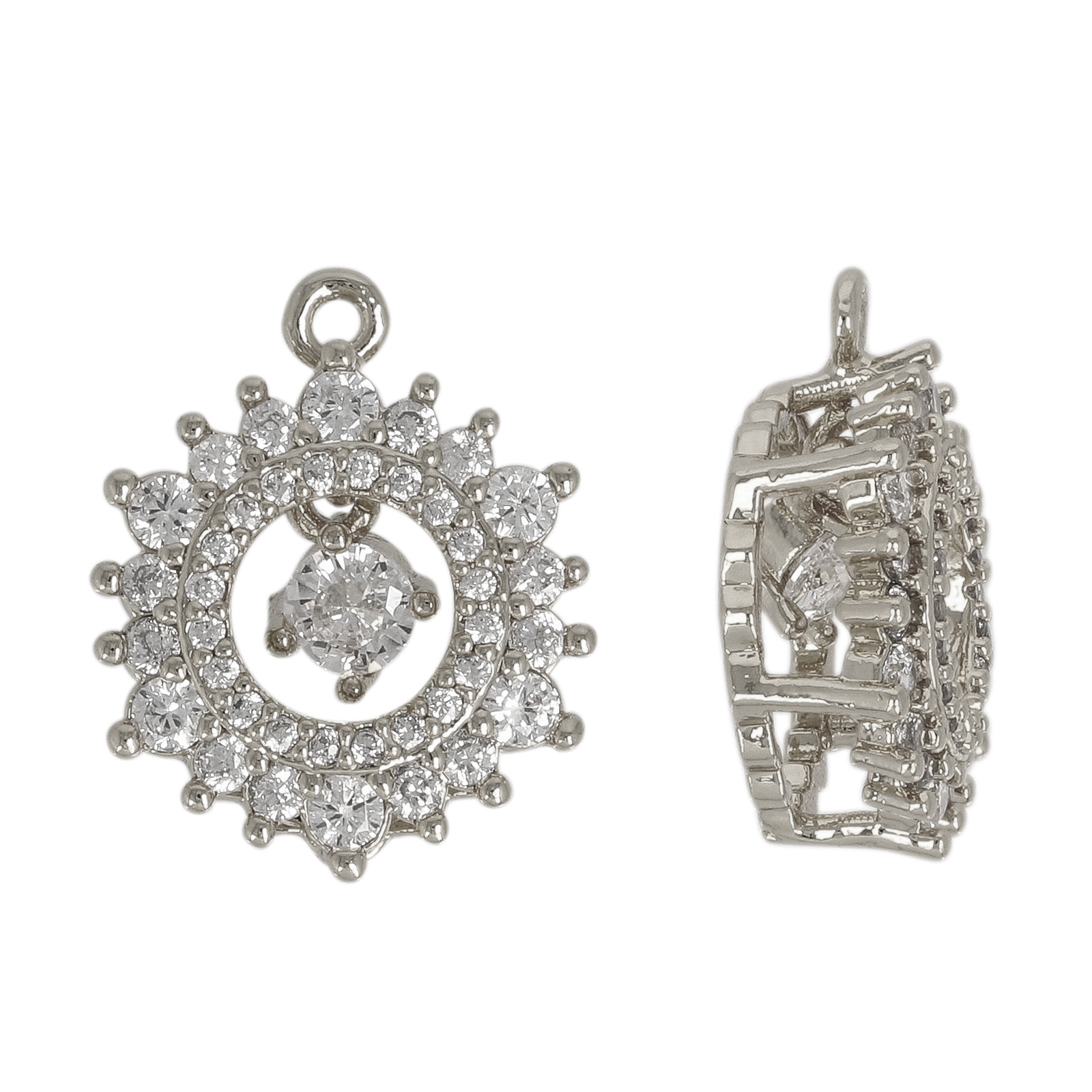 rhodium silver plated metal cz pendant - round 14mm | 1pc