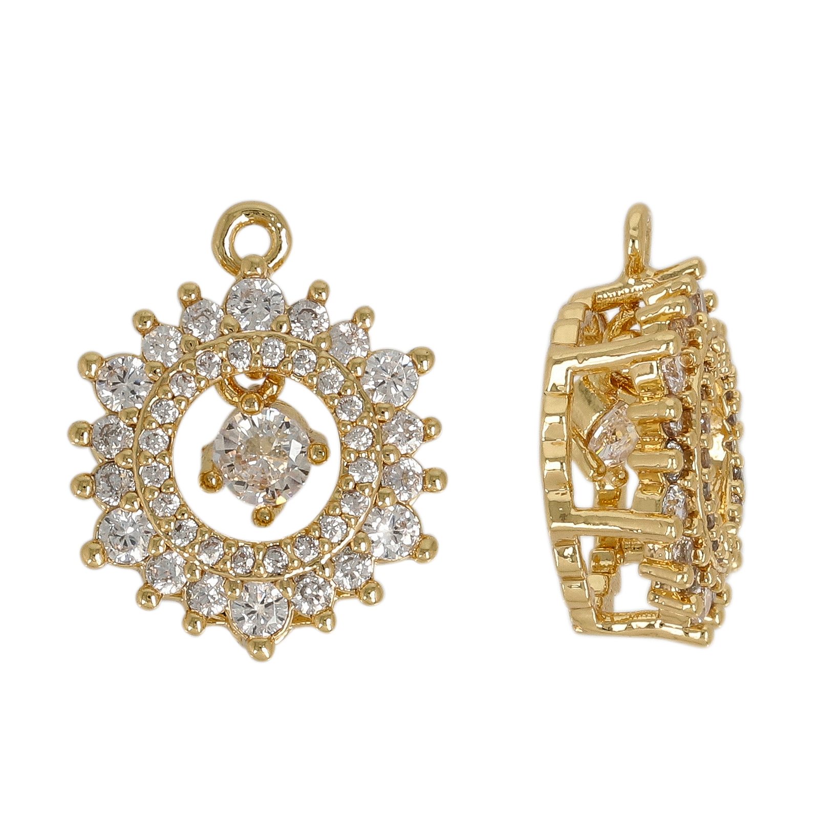 gold plated metal cz pendant - round 14mm | 1pc