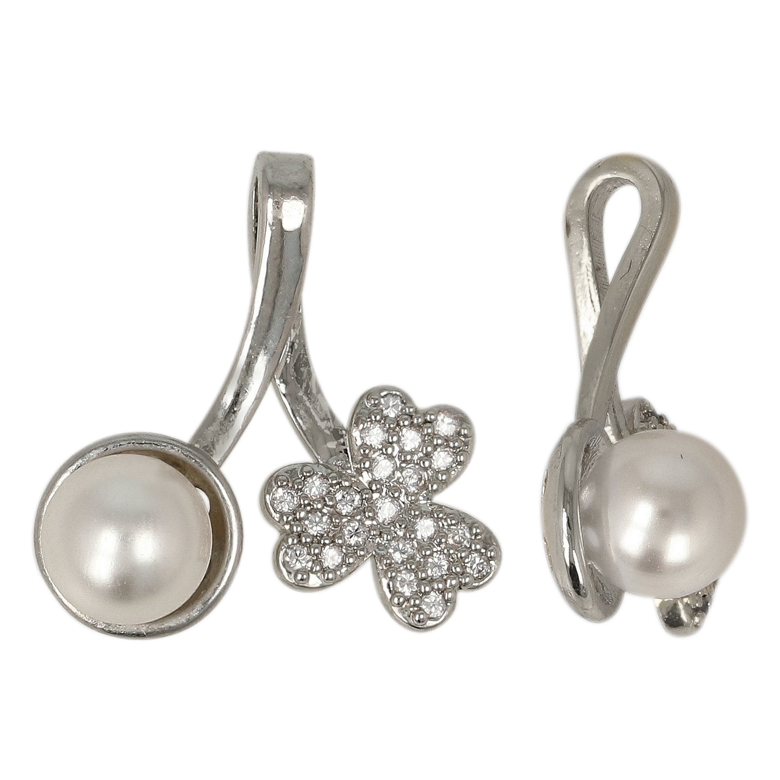 rhodium silver plated metal cz pendant clover with pearl 18x16mm | 1pc