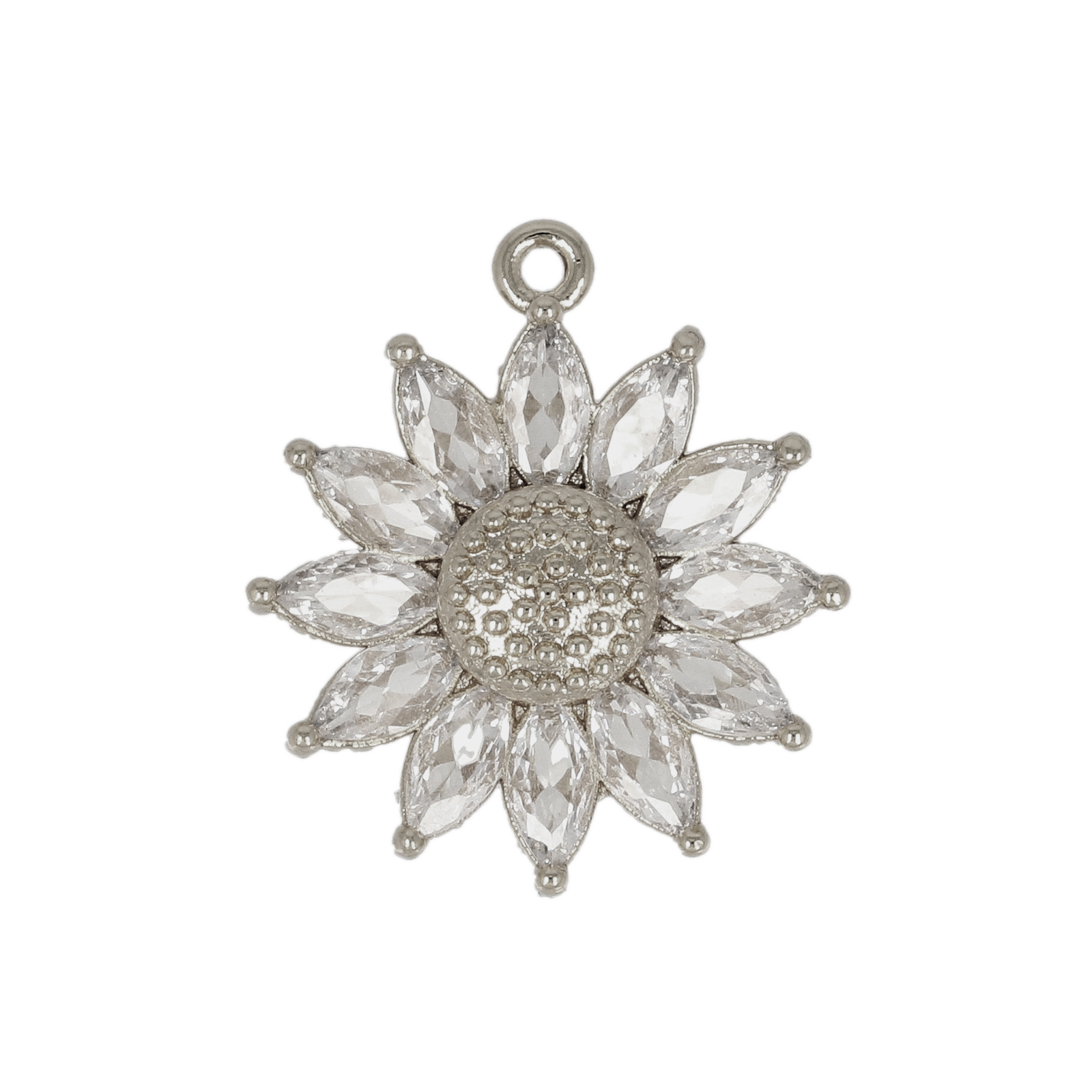 rhodium silver plated metal cz pendant - sunflower 17mm | 1pc
