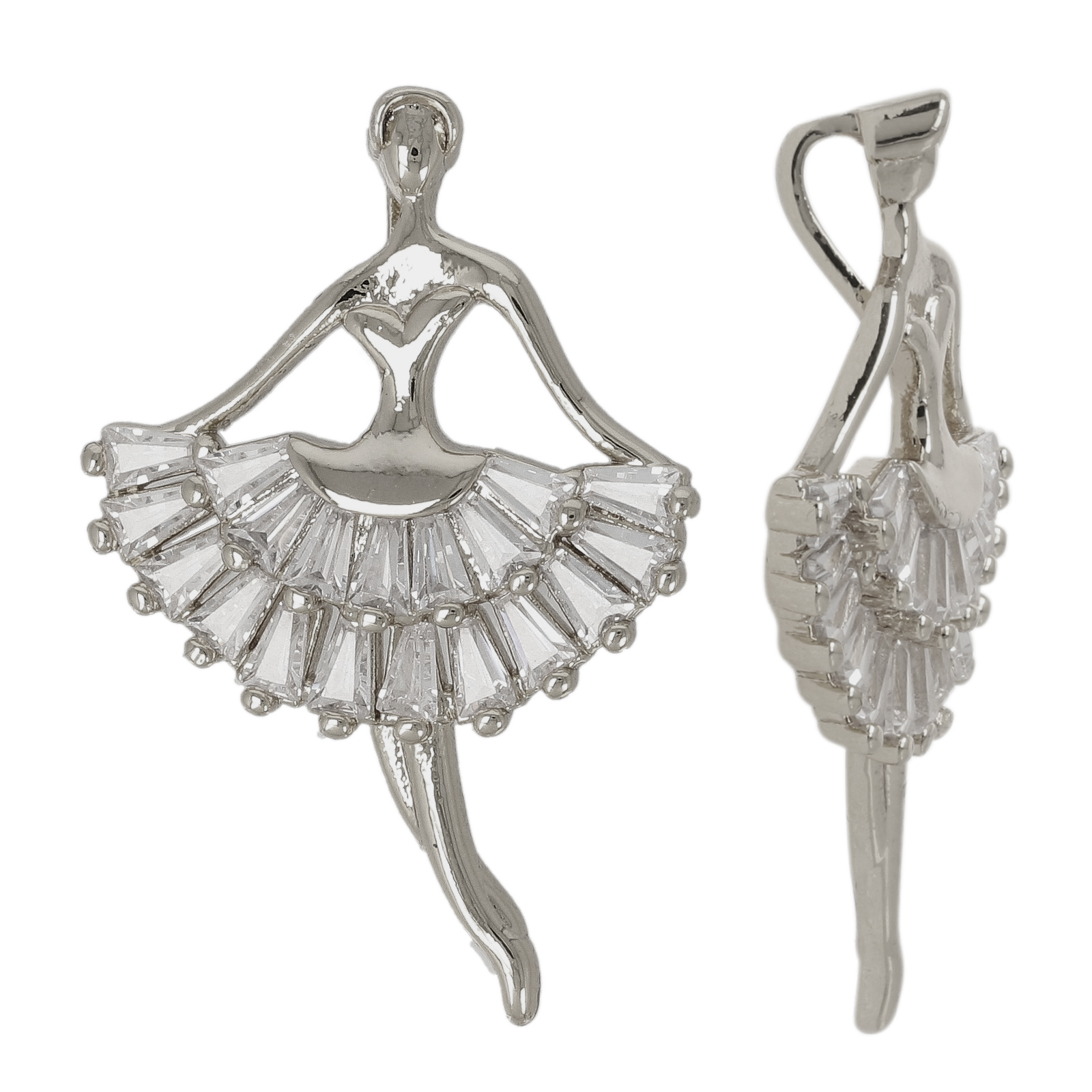 rhodium silver plated metal cz pendant - dancer 30x20mm | 1pc