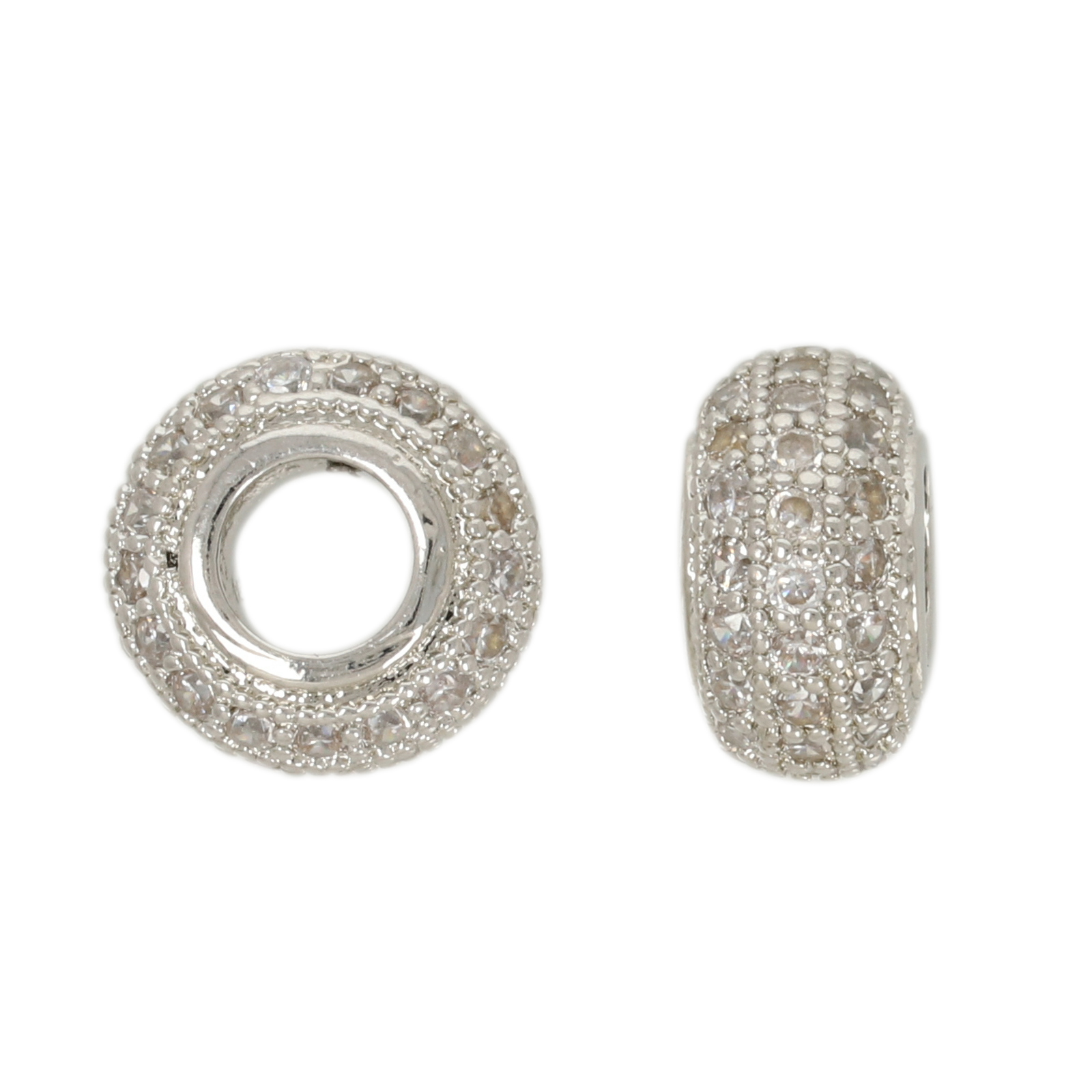 metal cz pendant rhodium silver plated large hole roundelle 11x6mm | 1pc