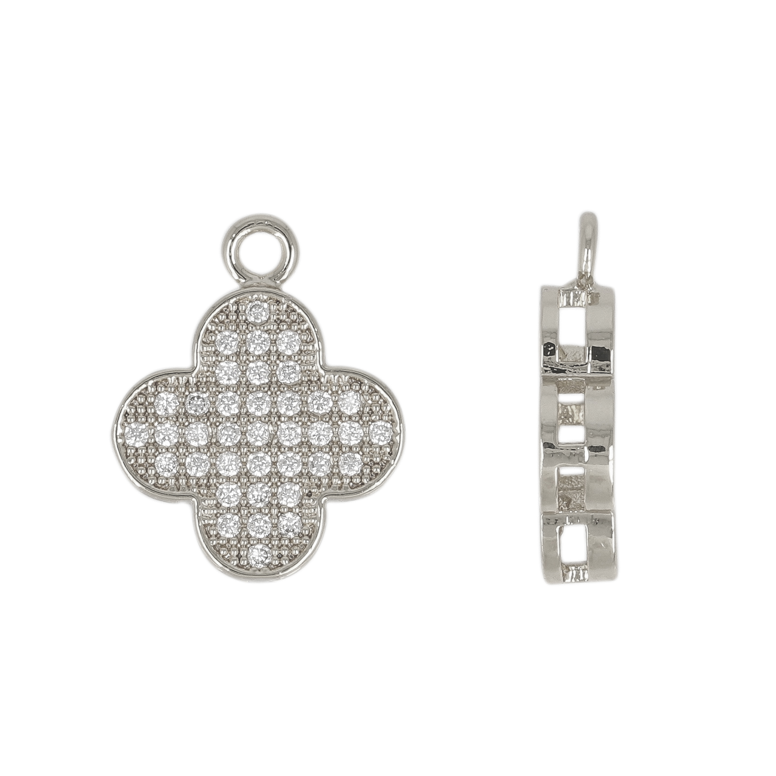 rhodium silver plated metal cz pendant - clover 13mm | 1pc